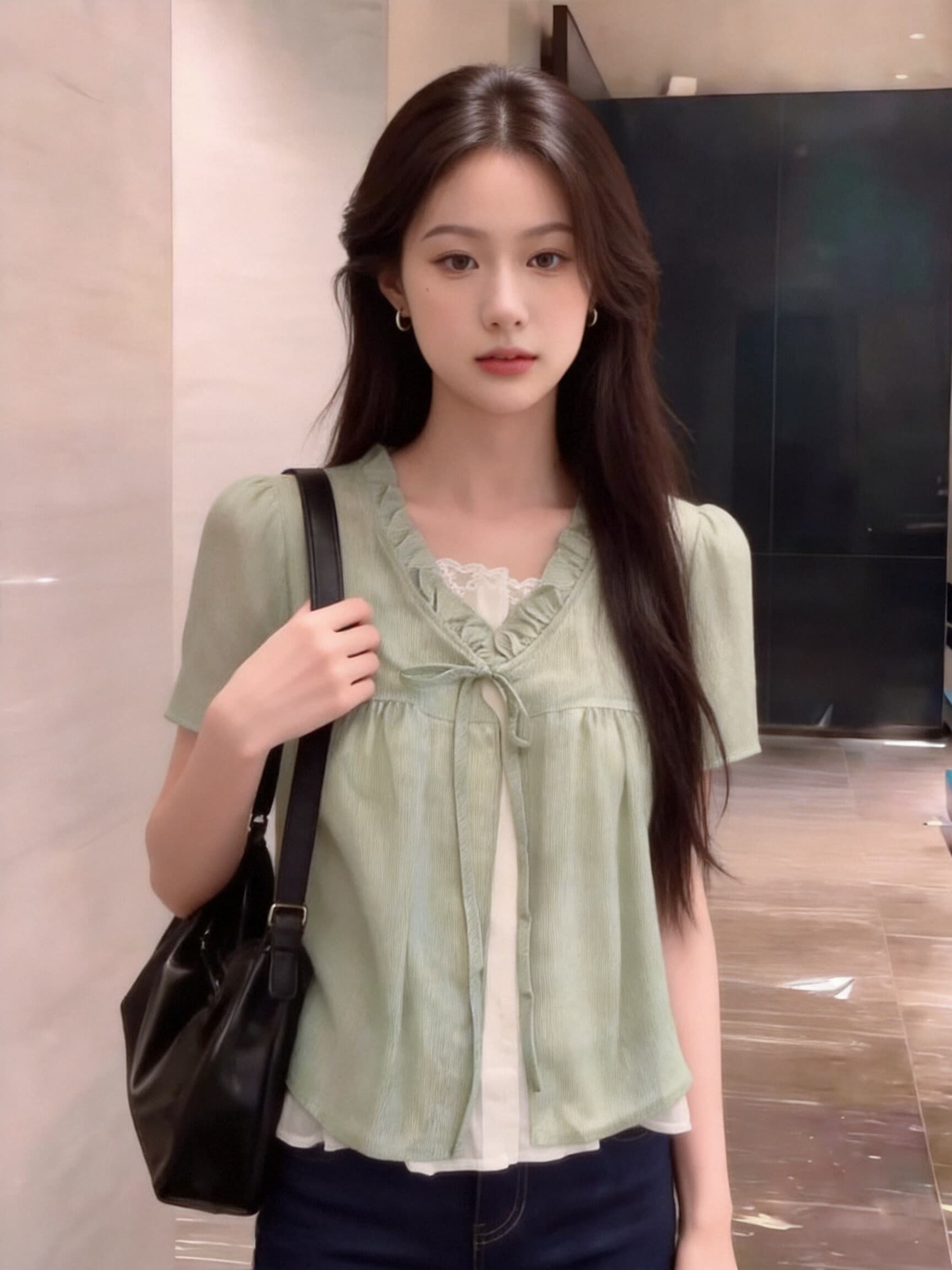 박하 녹색 페이크 레이어드 셔츠 맨위 여성 상세 이미지 4