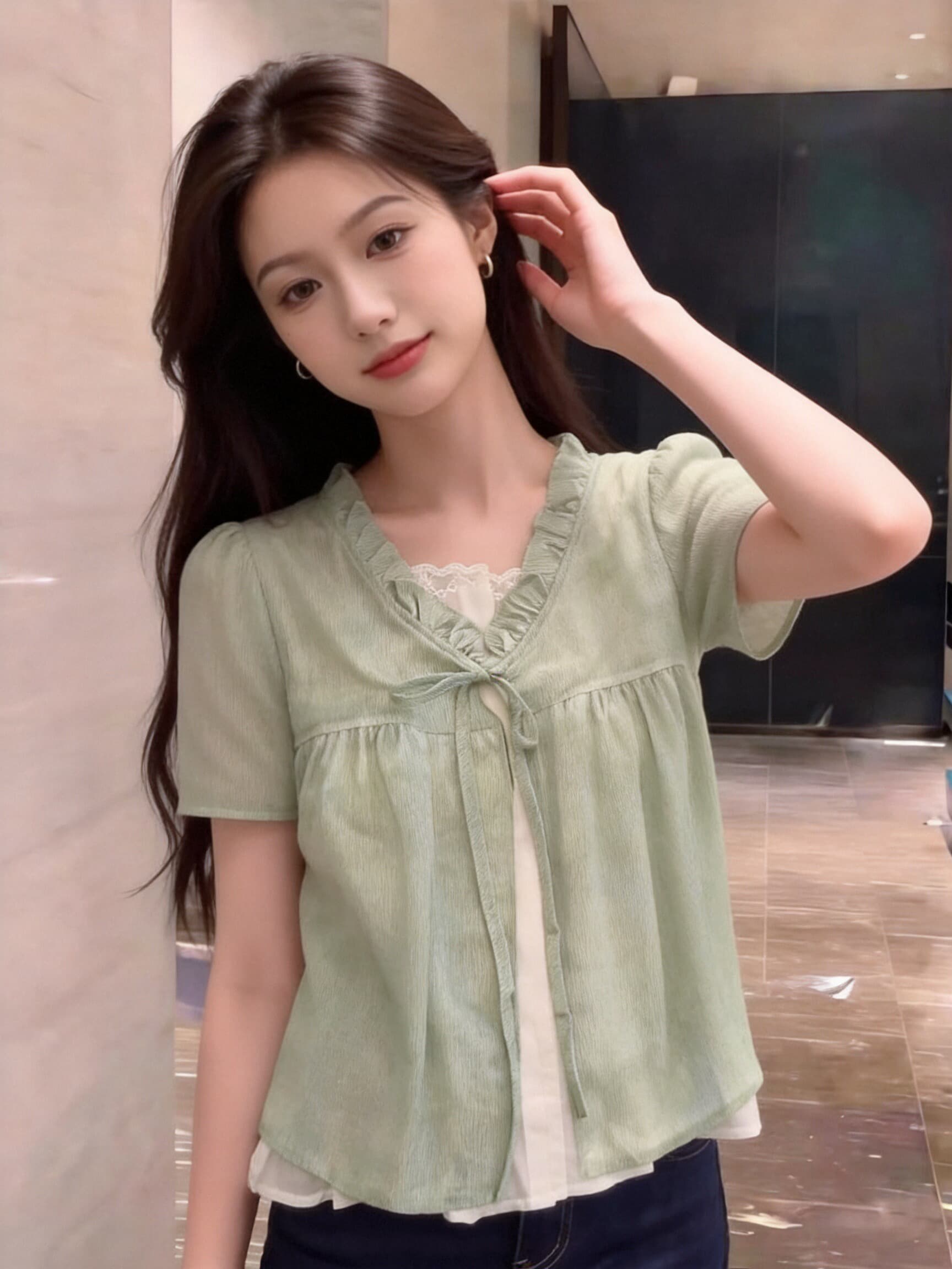 박하 녹색 페이크 레이어드 셔츠 맨위 여성 상세 이미지 5