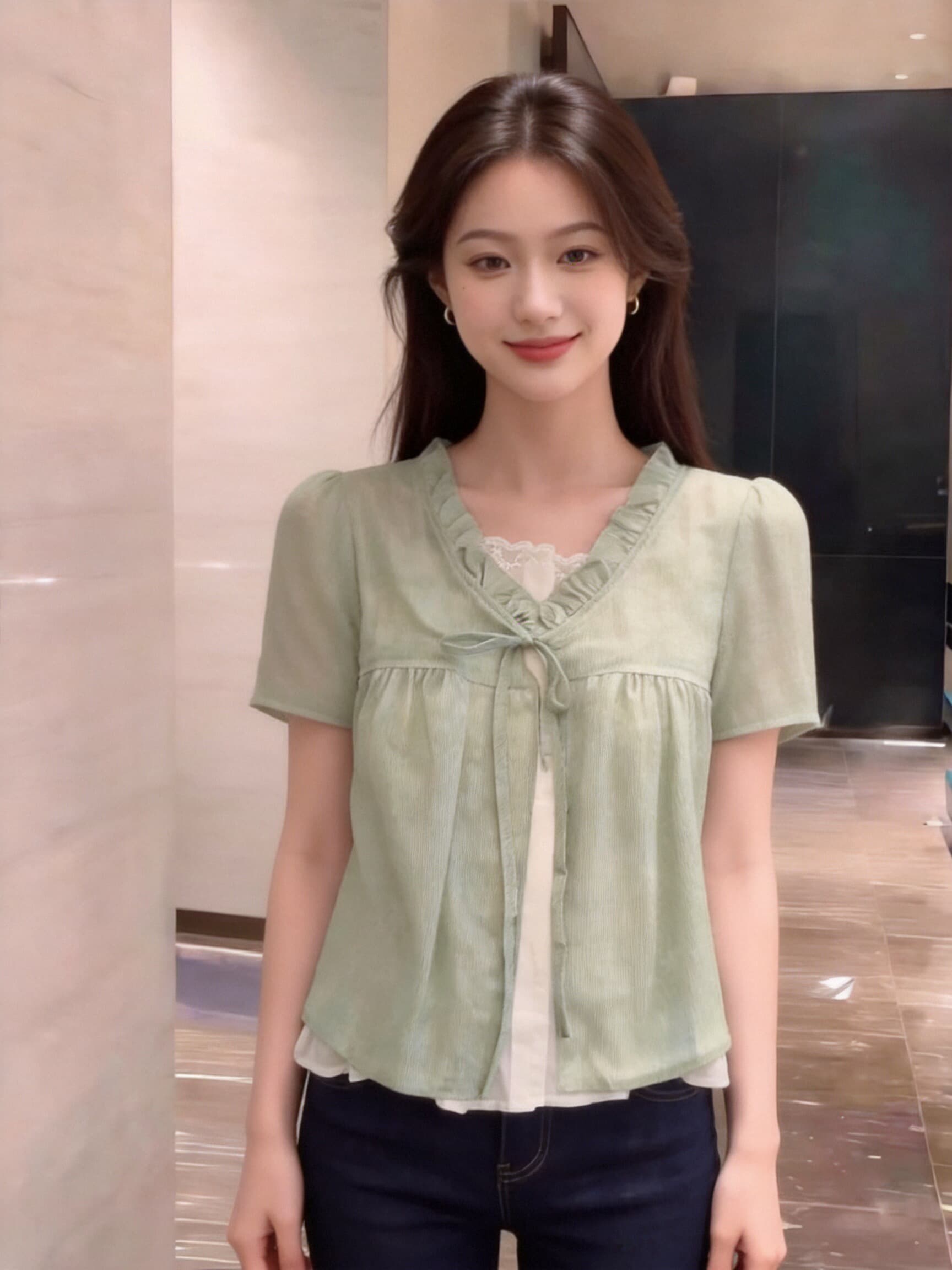 박하 녹색 페이크 레이어드 셔츠 맨위 여성 상세 이미지 6