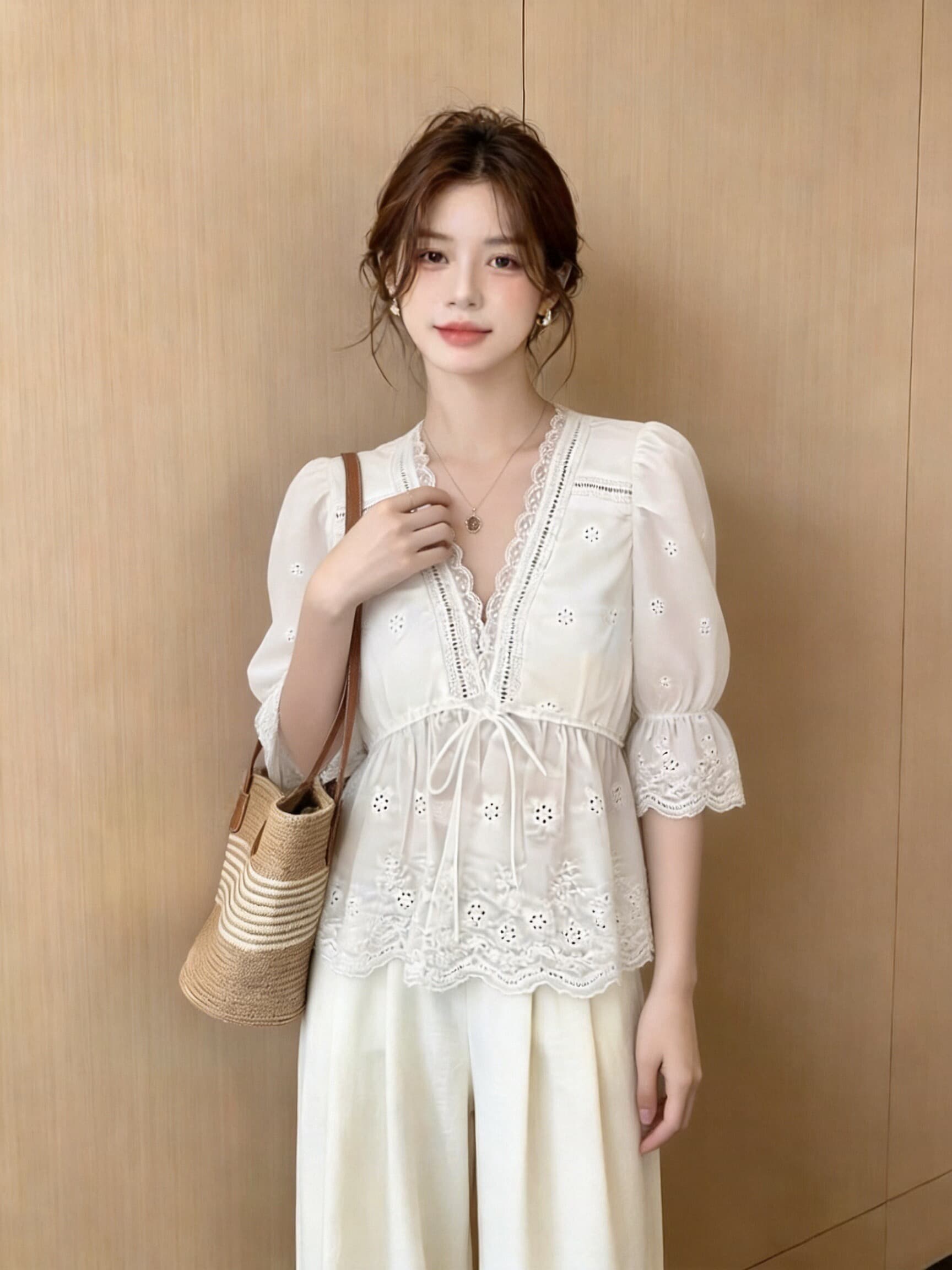 레이스 레이스 거품 소매 셔츠 맨위 여성 이미지 2
