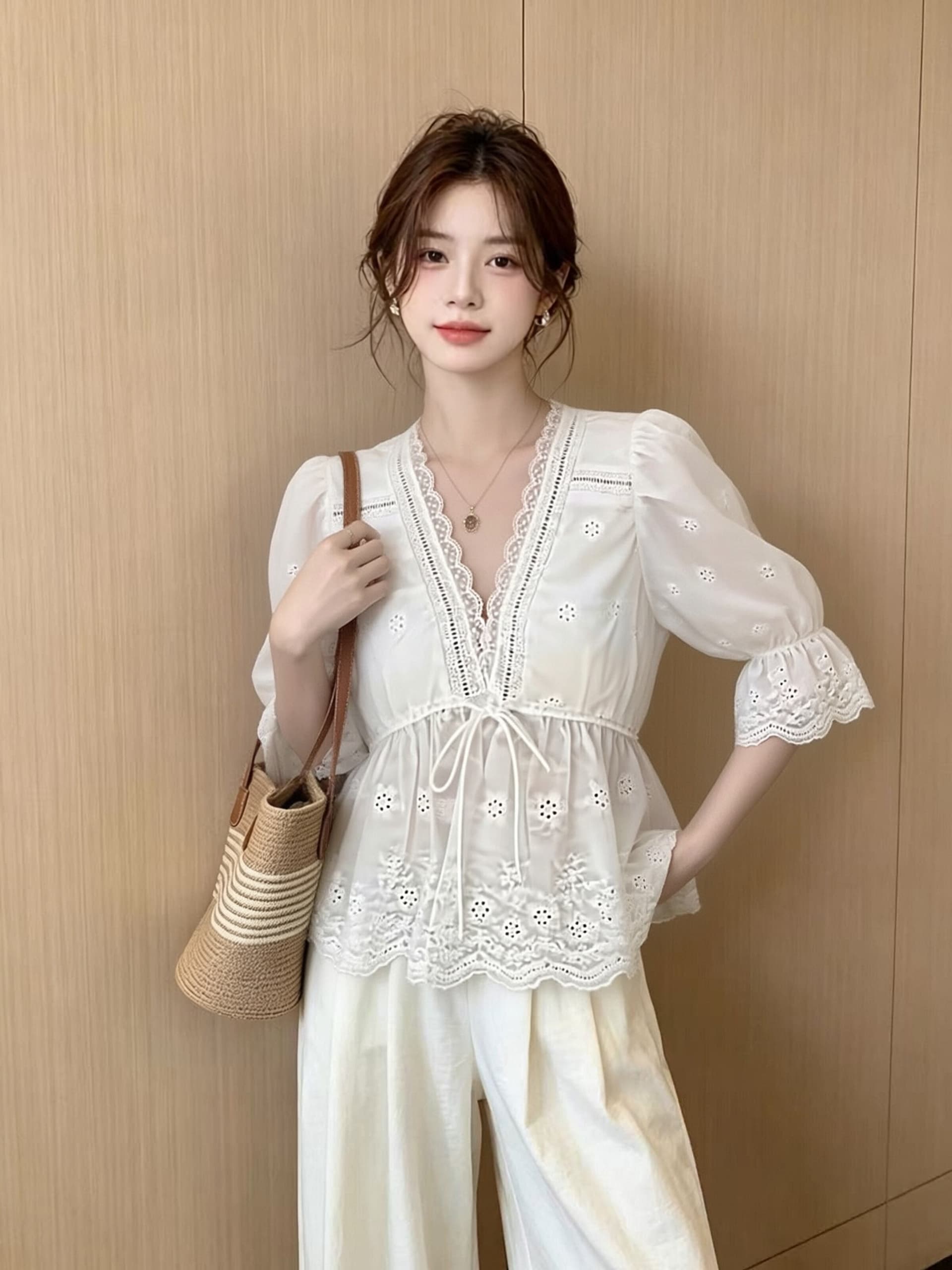 레이스 레이스 거품 소매 셔츠 맨위 여성 이미지 4