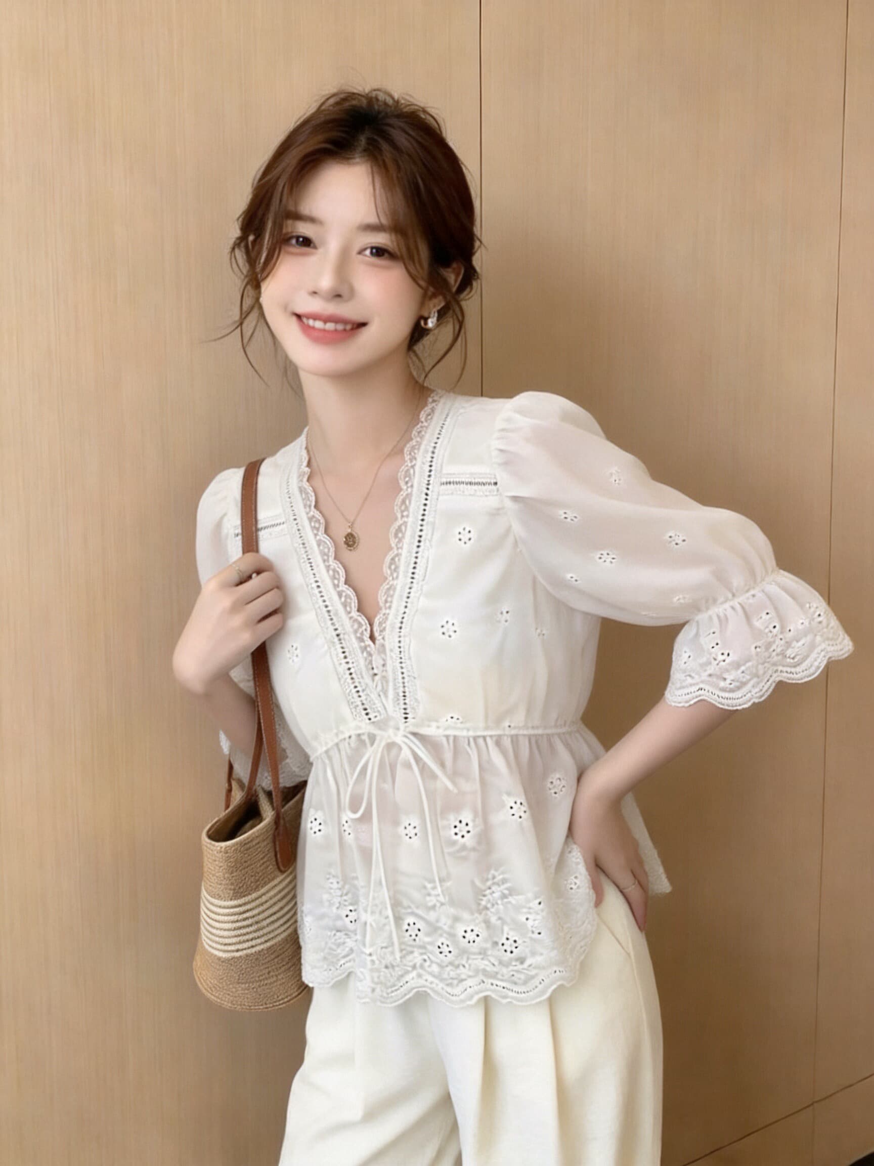 레이스 레이스 거품 소매 셔츠 맨위 여성 상세 이미지 2