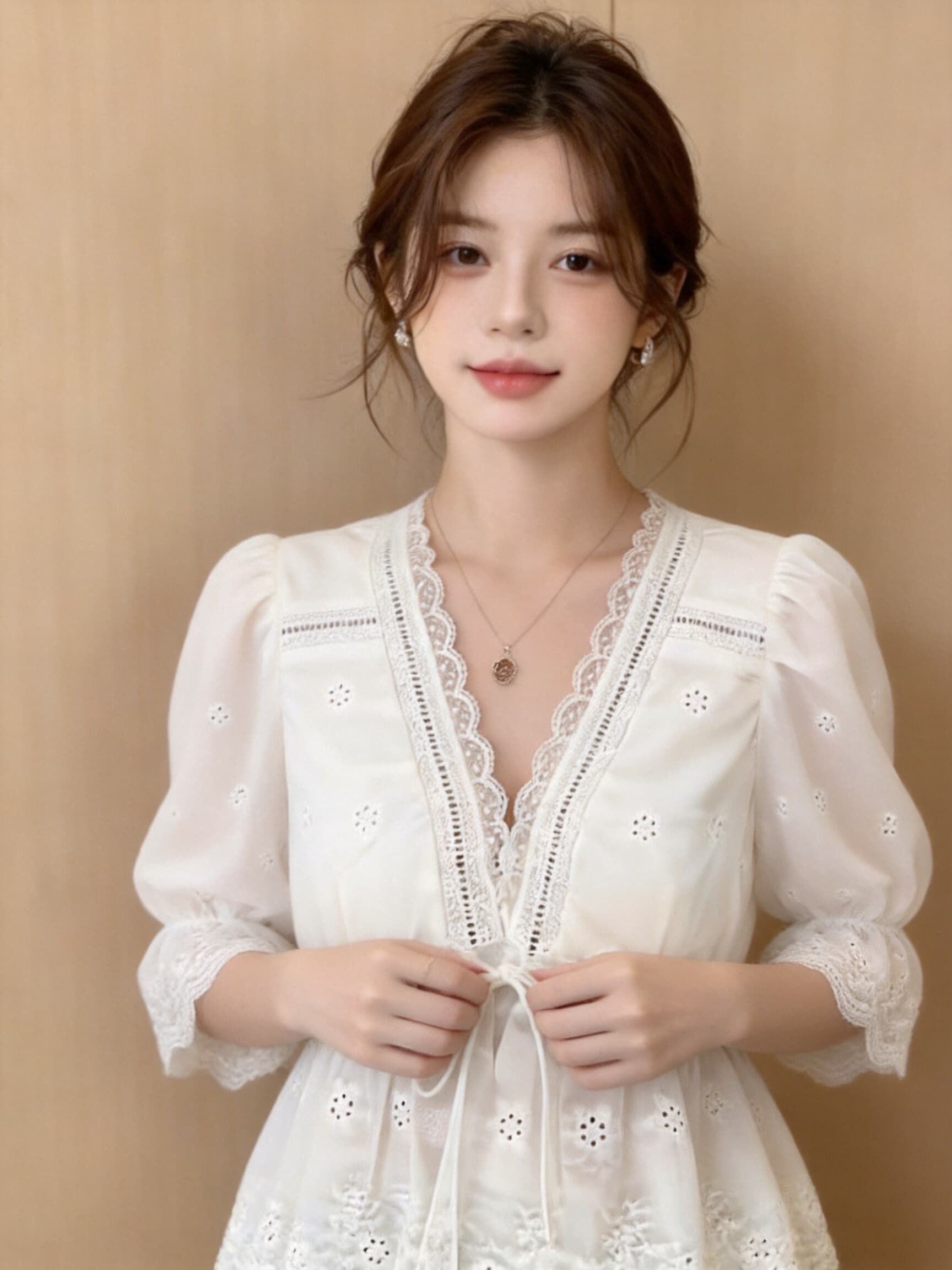 레이스 레이스 거품 소매 셔츠 맨위 여성 상세 이미지 3
