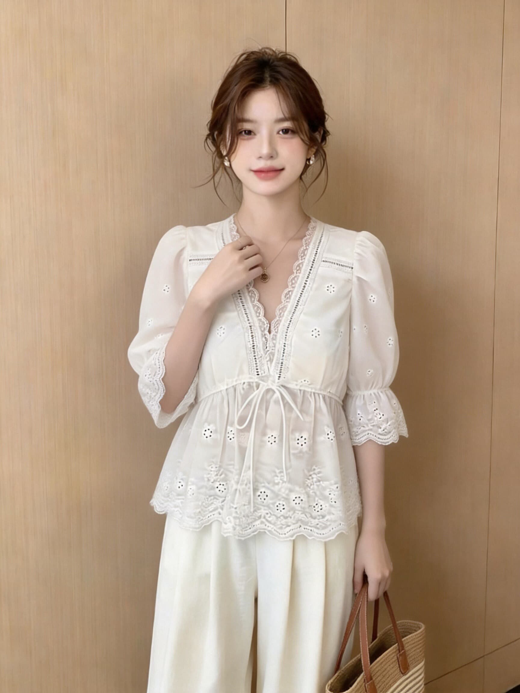 레이스 레이스 거품 소매 셔츠 맨위 여성 상세 이미지 4