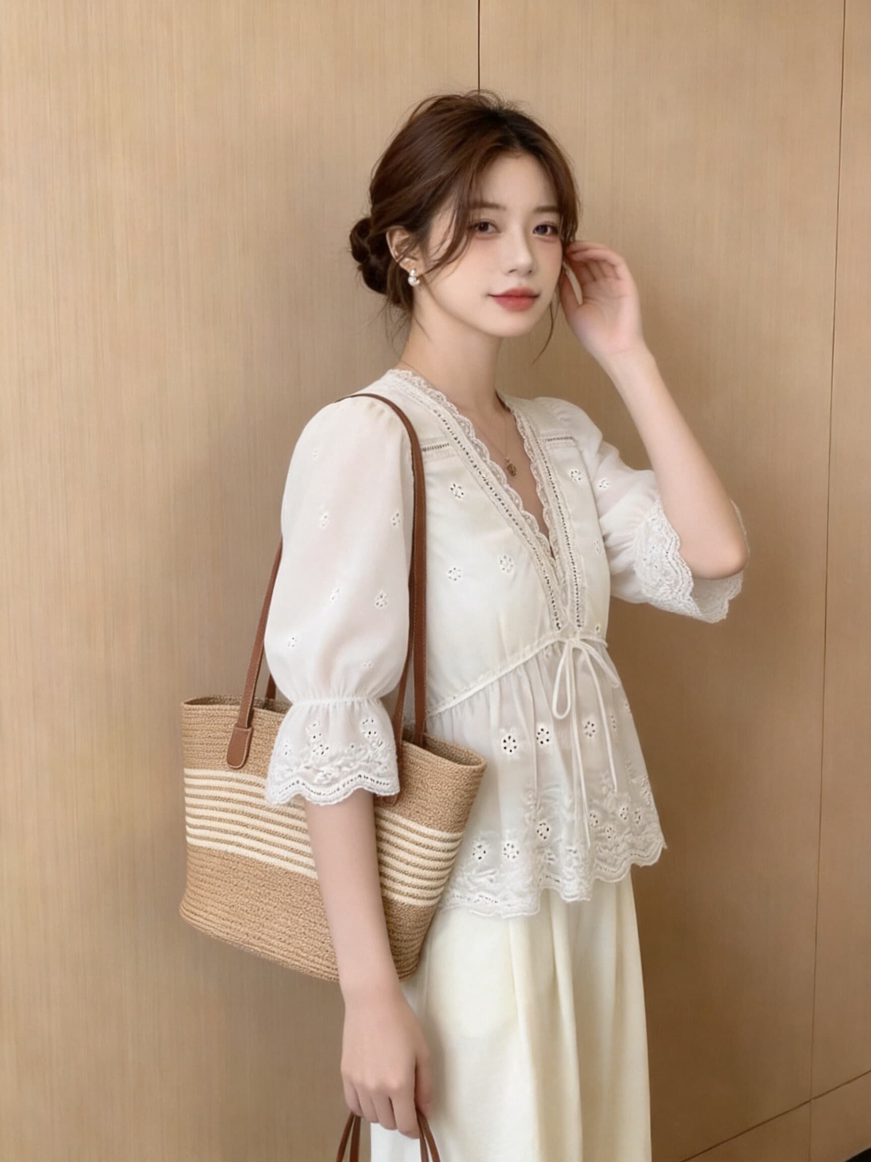 레이스 레이스 거품 소매 셔츠 맨위 여성 상세 이미지 5