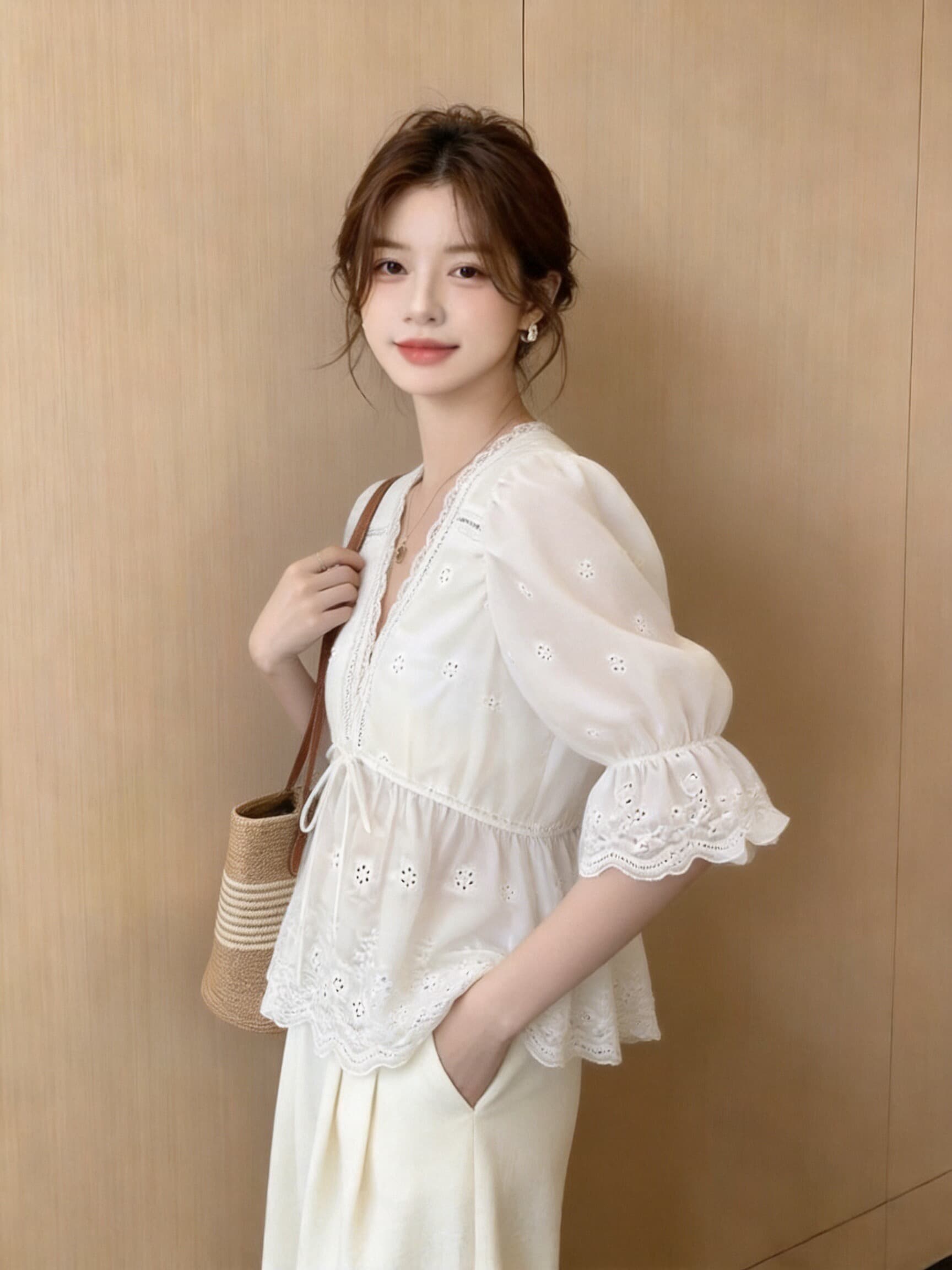레이스 레이스 거품 소매 셔츠 맨위 여성 상세 이미지 6