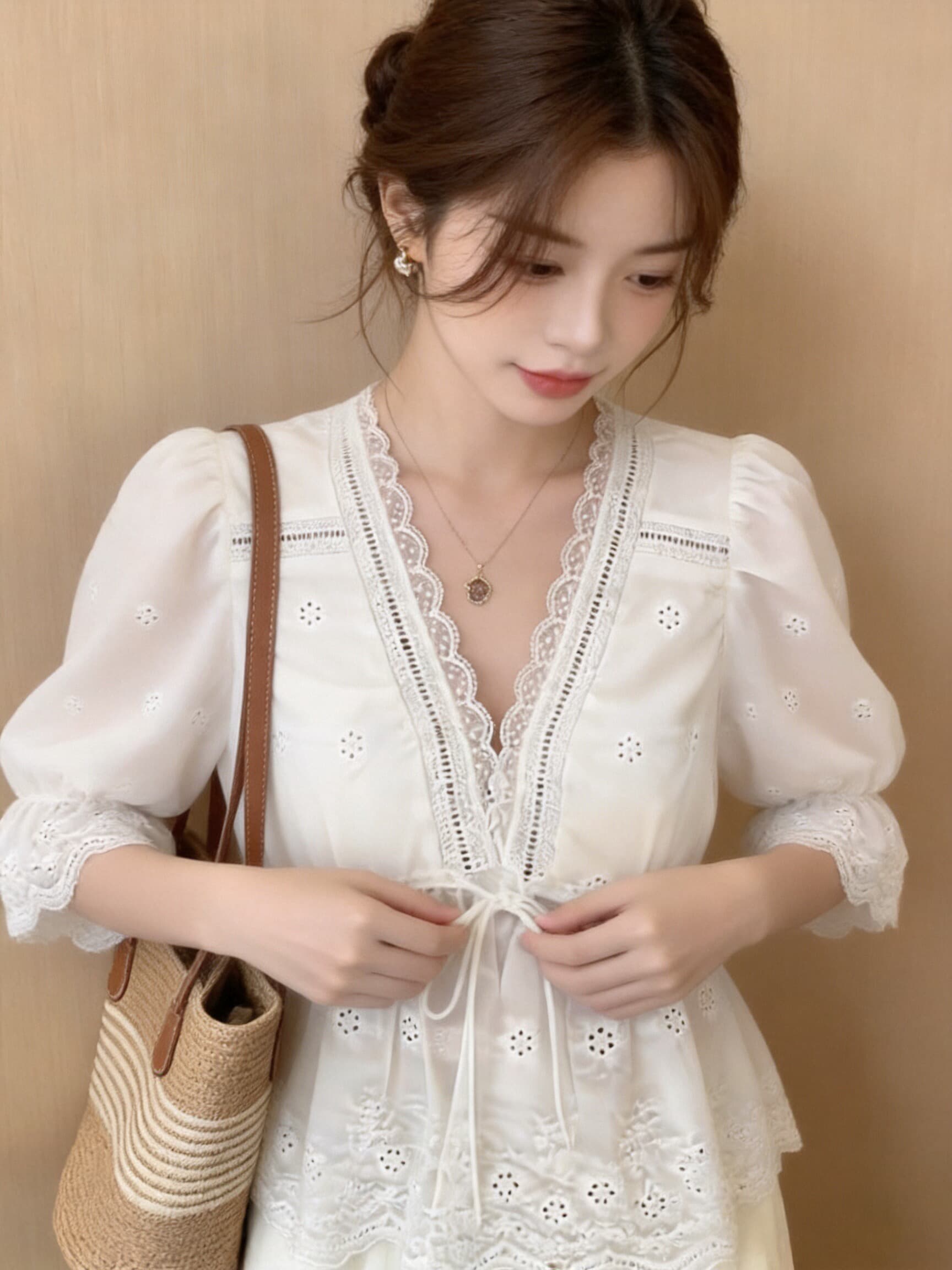 레이스 레이스 거품 소매 셔츠 맨위 여성 상세 이미지 7