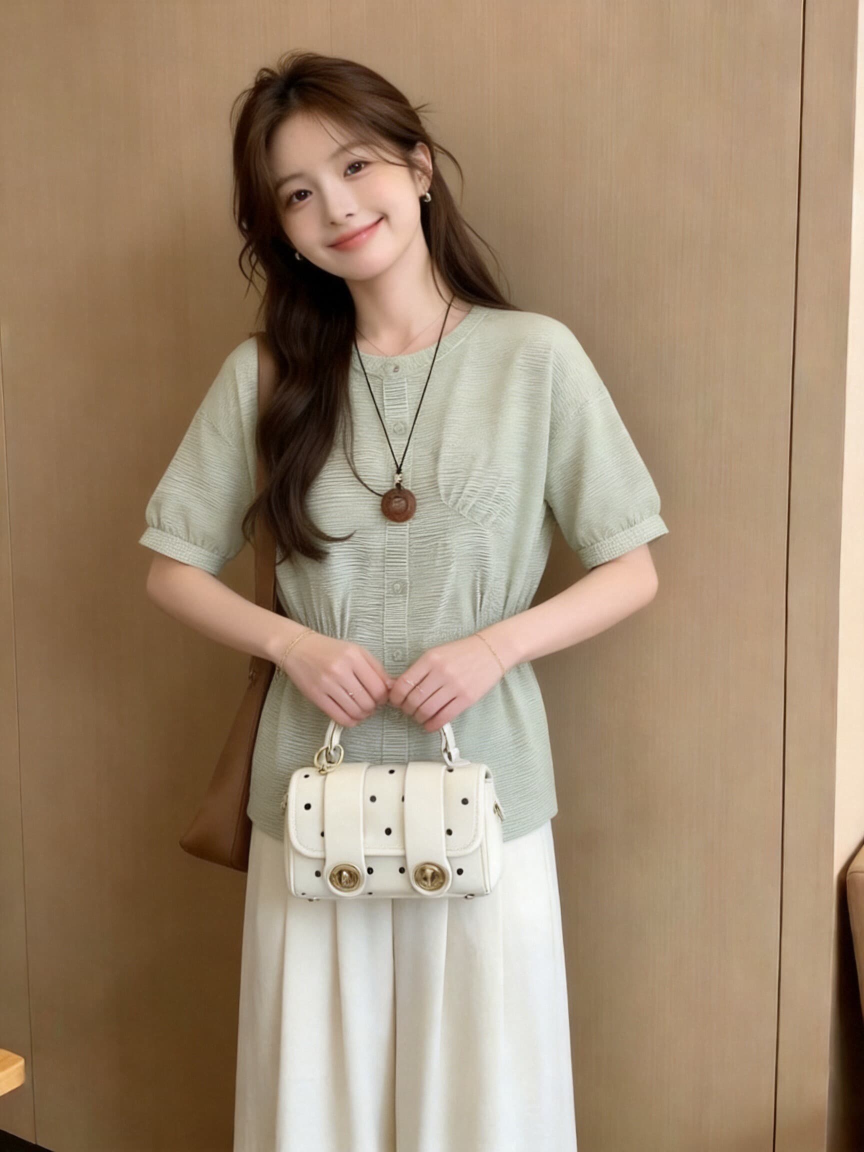 불규칙 녹색 체크무늬 여성 셔츠 이미지 3