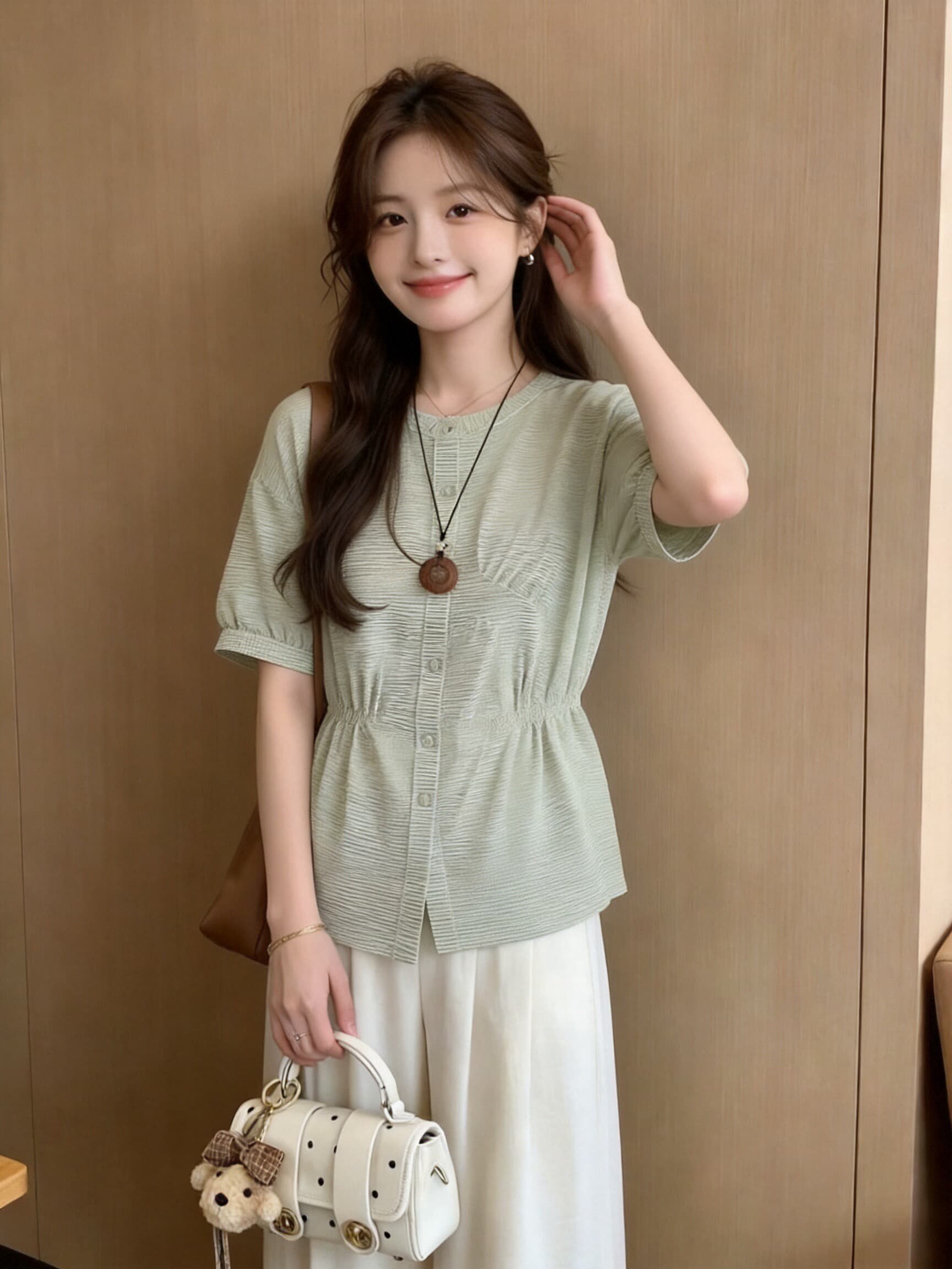 불규칙 녹색 체크무늬 여성 셔츠 상세 이미지 2