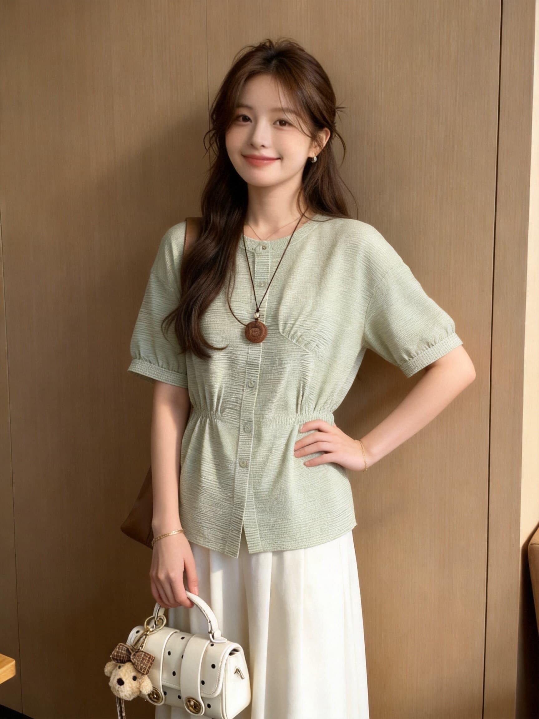 불규칙 녹색 체크무늬 여성 셔츠 상세 이미지 3