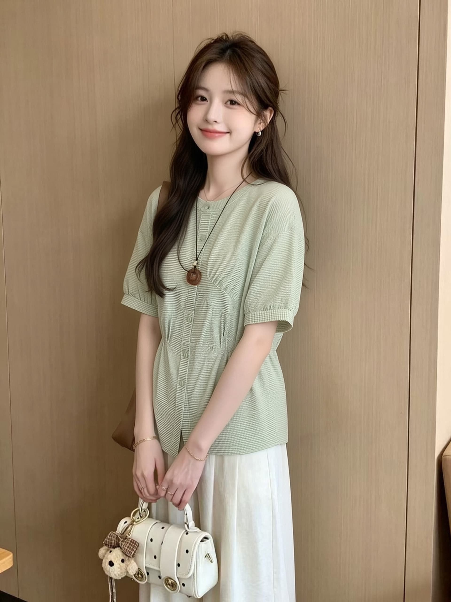 불규칙 녹색 체크무늬 여성 셔츠 상세 이미지 5