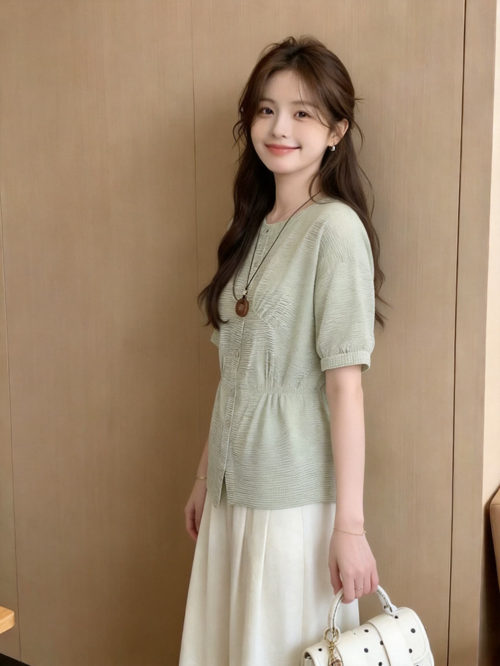 불규칙 녹색 체크무늬 여성 셔츠 상세 이미지 6