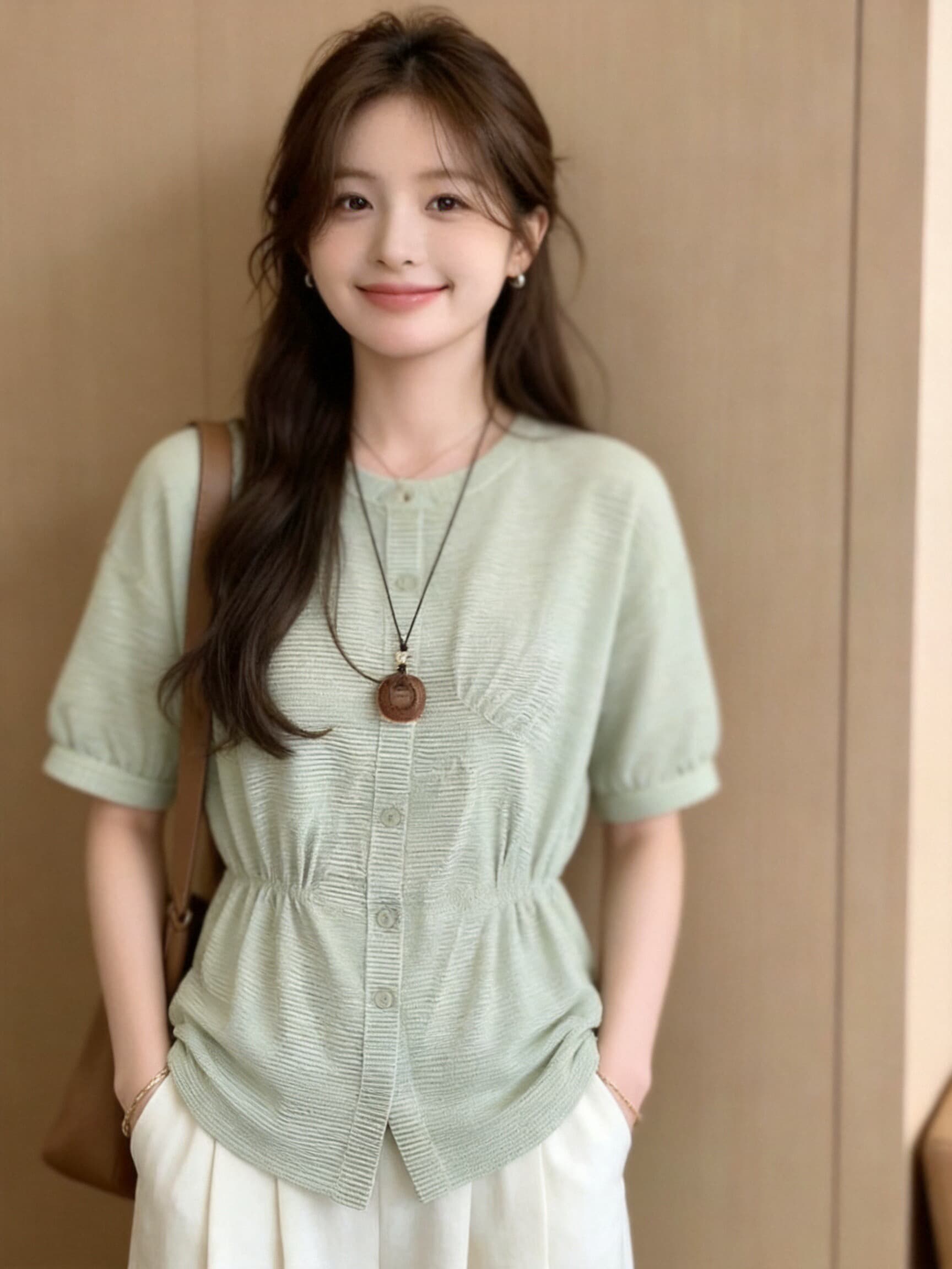 불규칙 녹색 체크무늬 여성 셔츠 상세 이미지 7