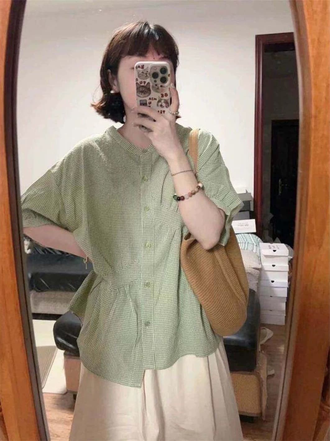 녹색 불규칙 셔츠 맨위 여성 이미지 2