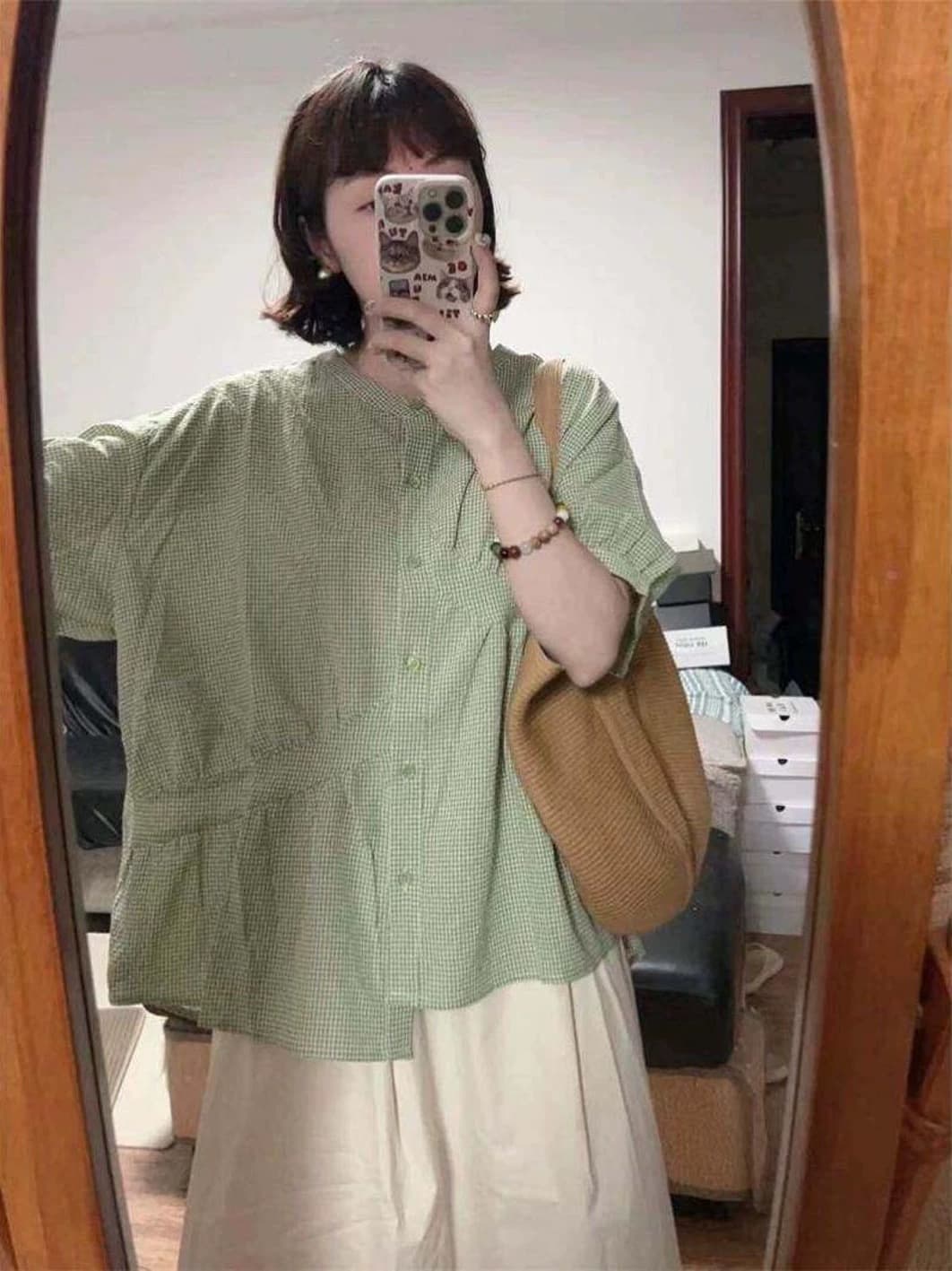 녹색 불규칙 셔츠 맨위 여성 이미지 3