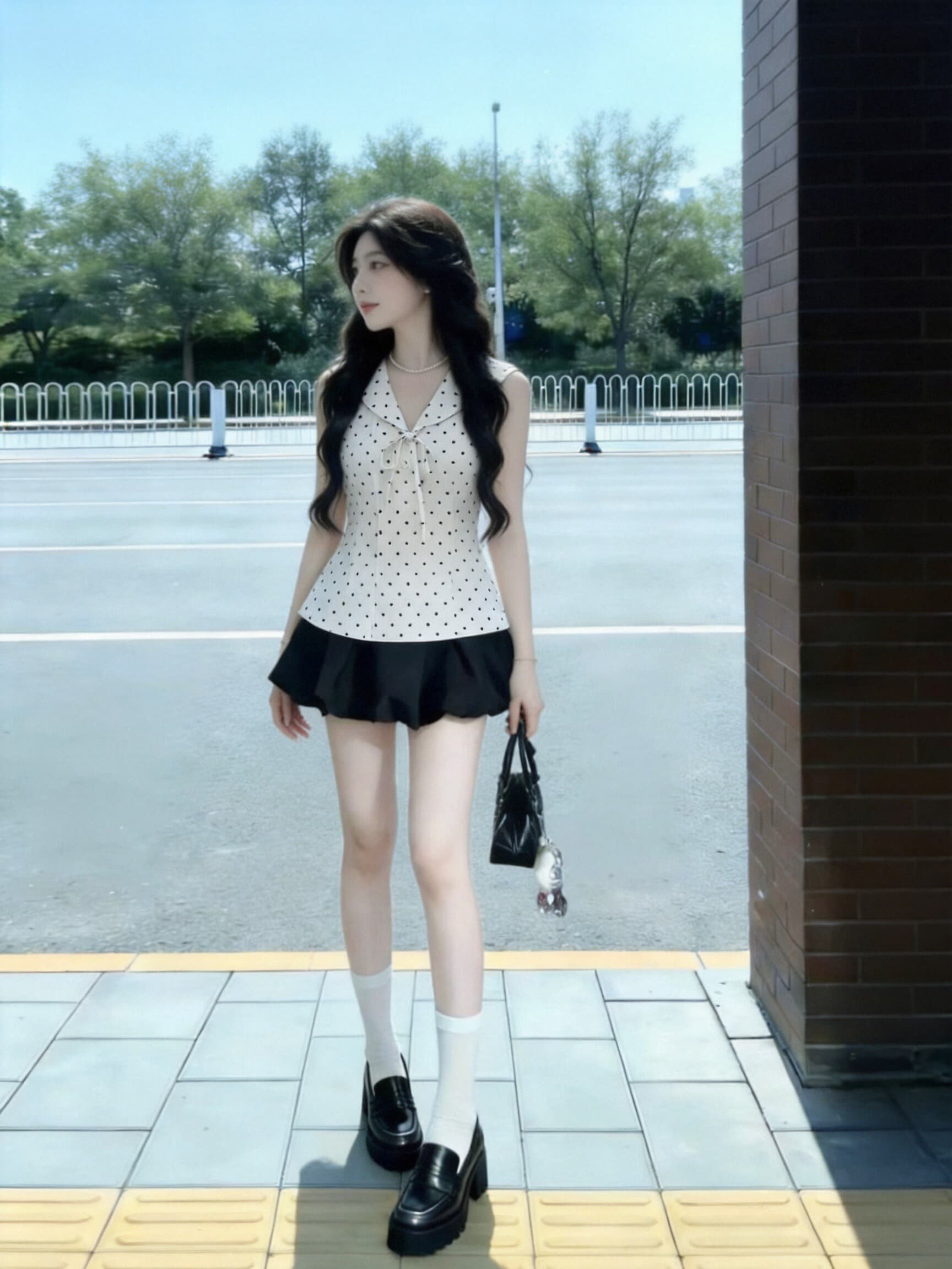 도트 무늬 해군 칼라 민소매 맨위 여성 이미지 5