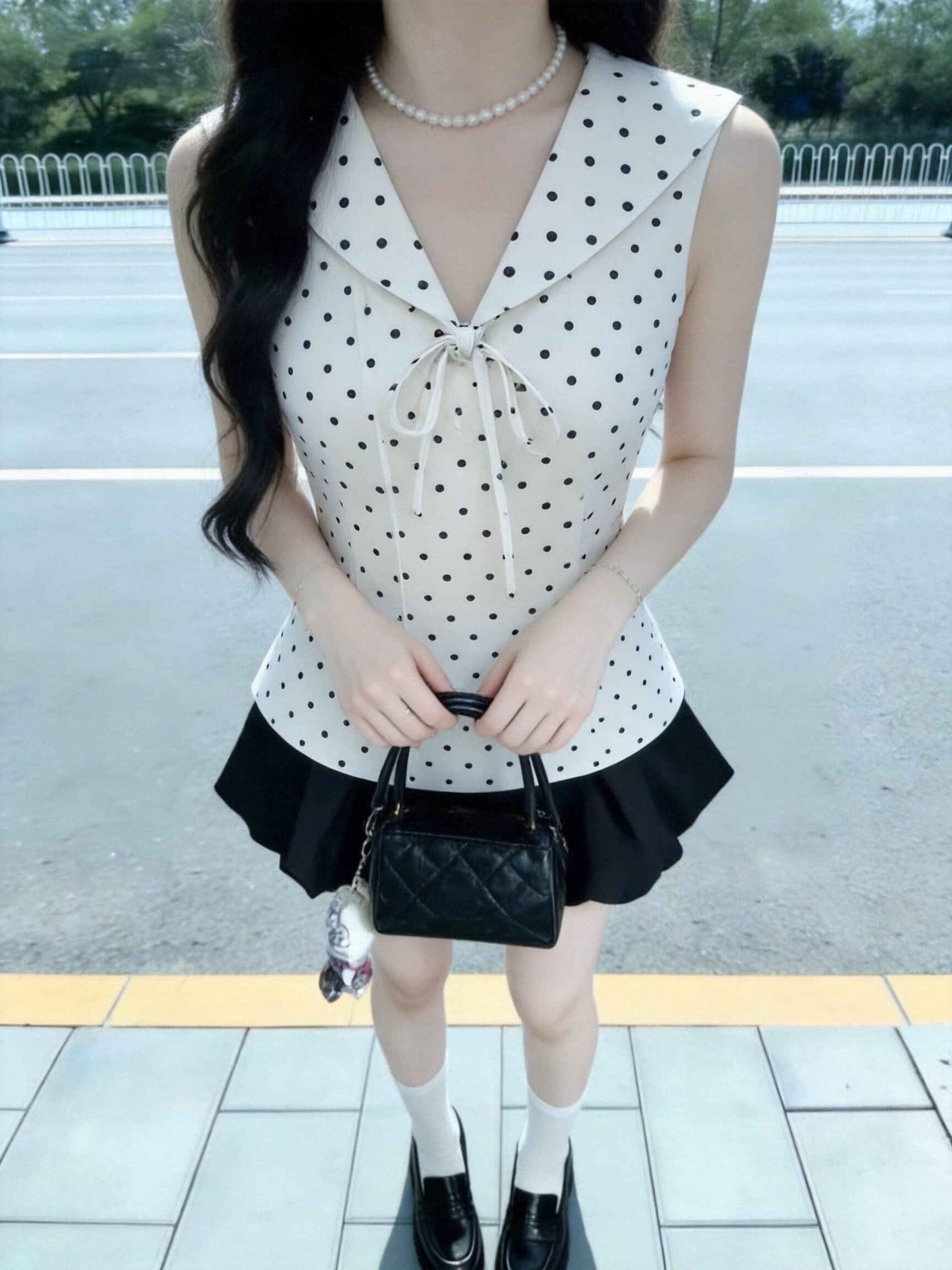 도트 무늬 해군 칼라 민소매 맨위 여성 상세 이미지 2
