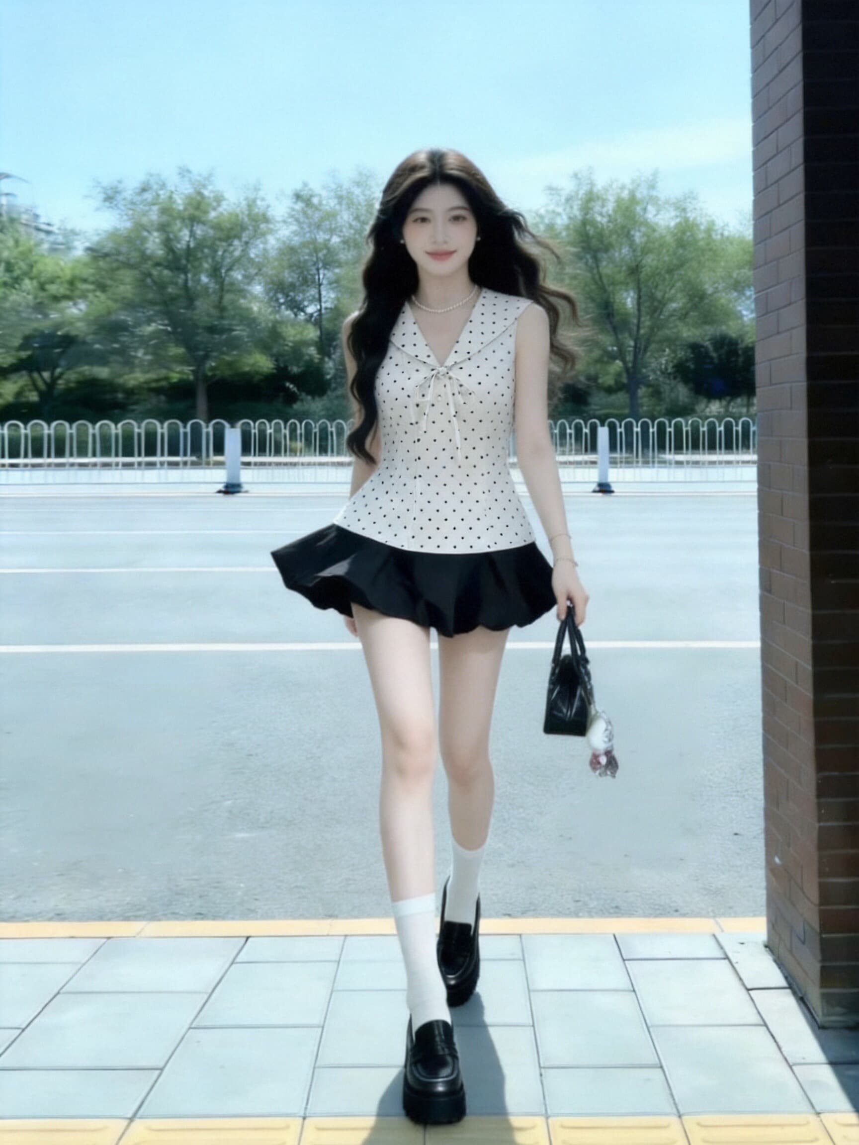 도트 무늬 해군 칼라 민소매 맨위 여성 상세 이미지 3