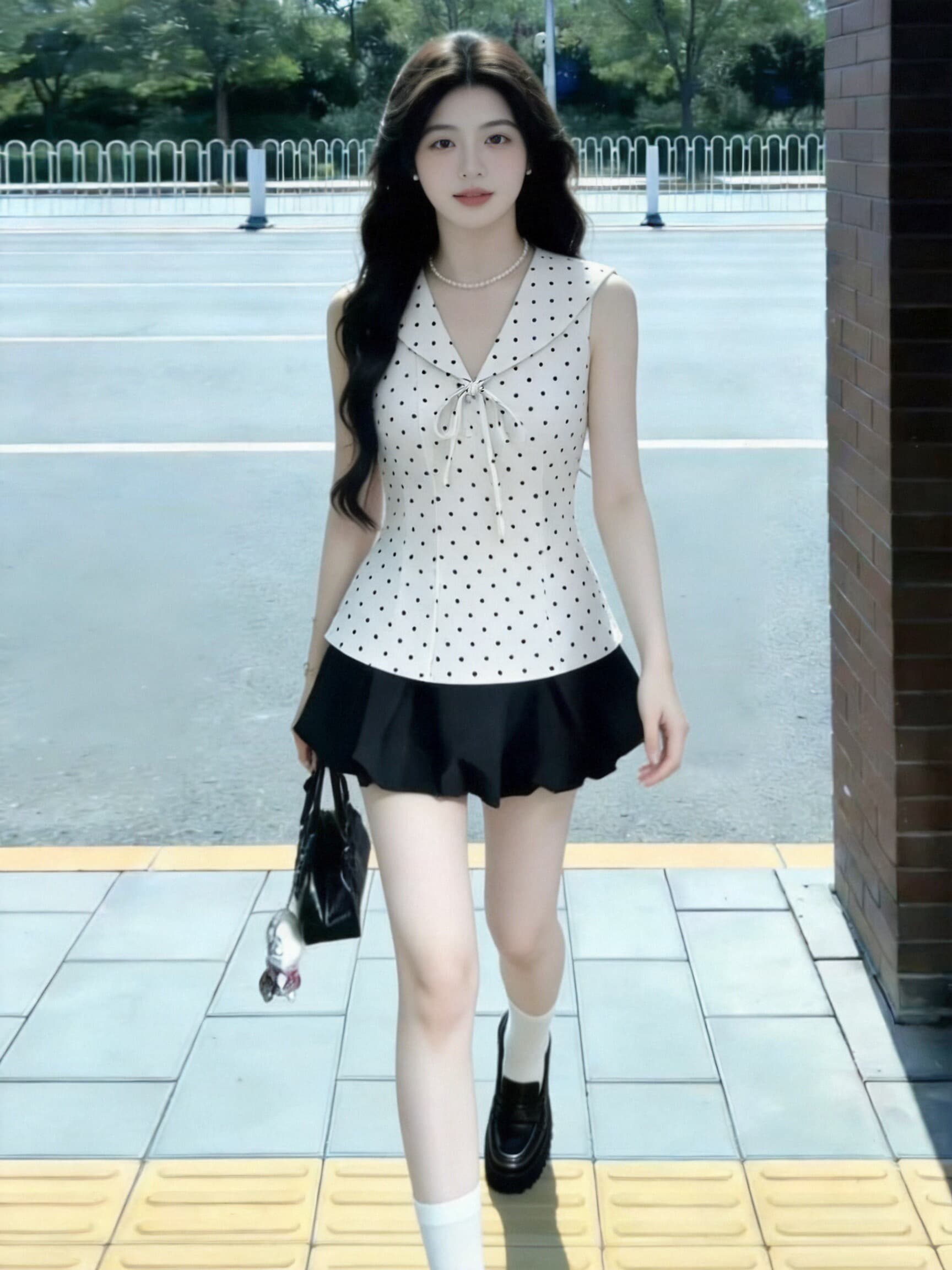 도트 무늬 해군 칼라 민소매 맨위 여성 상세 이미지 4