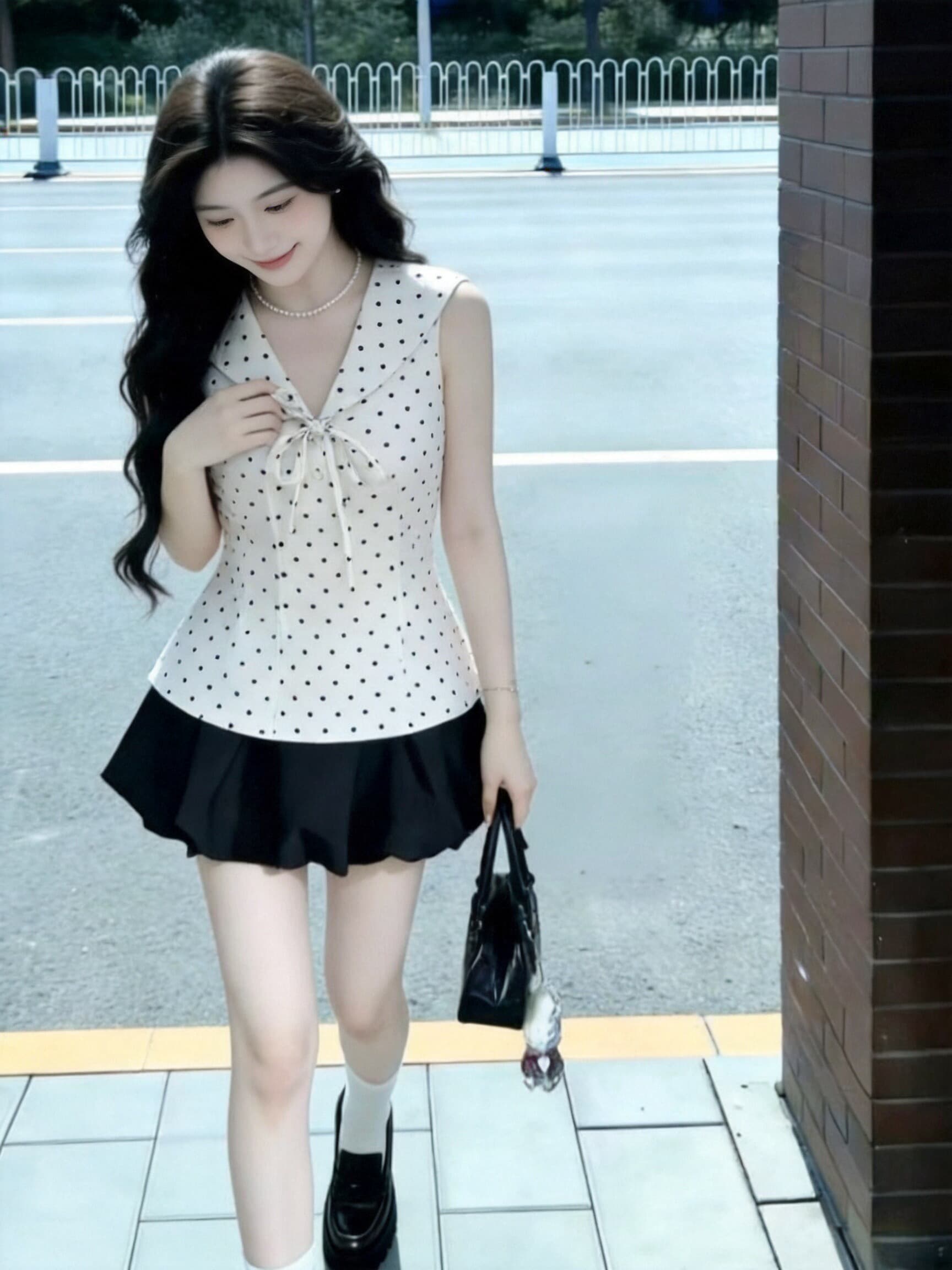 도트 무늬 해군 칼라 민소매 맨위 여성 상세 이미지 5