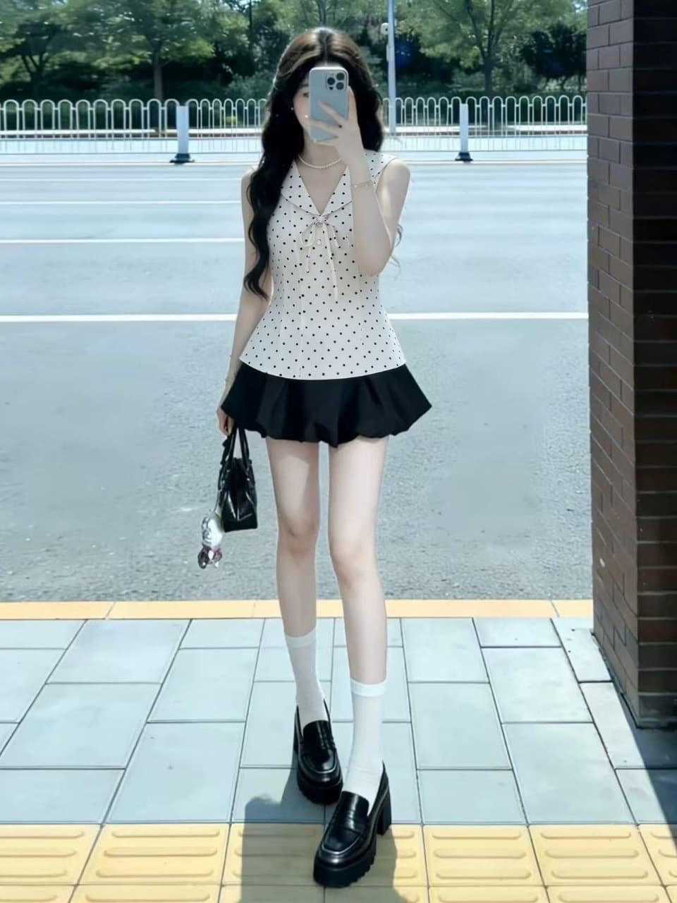 도트 무늬 해군 칼라 민소매 맨위 여성 상세 이미지 7