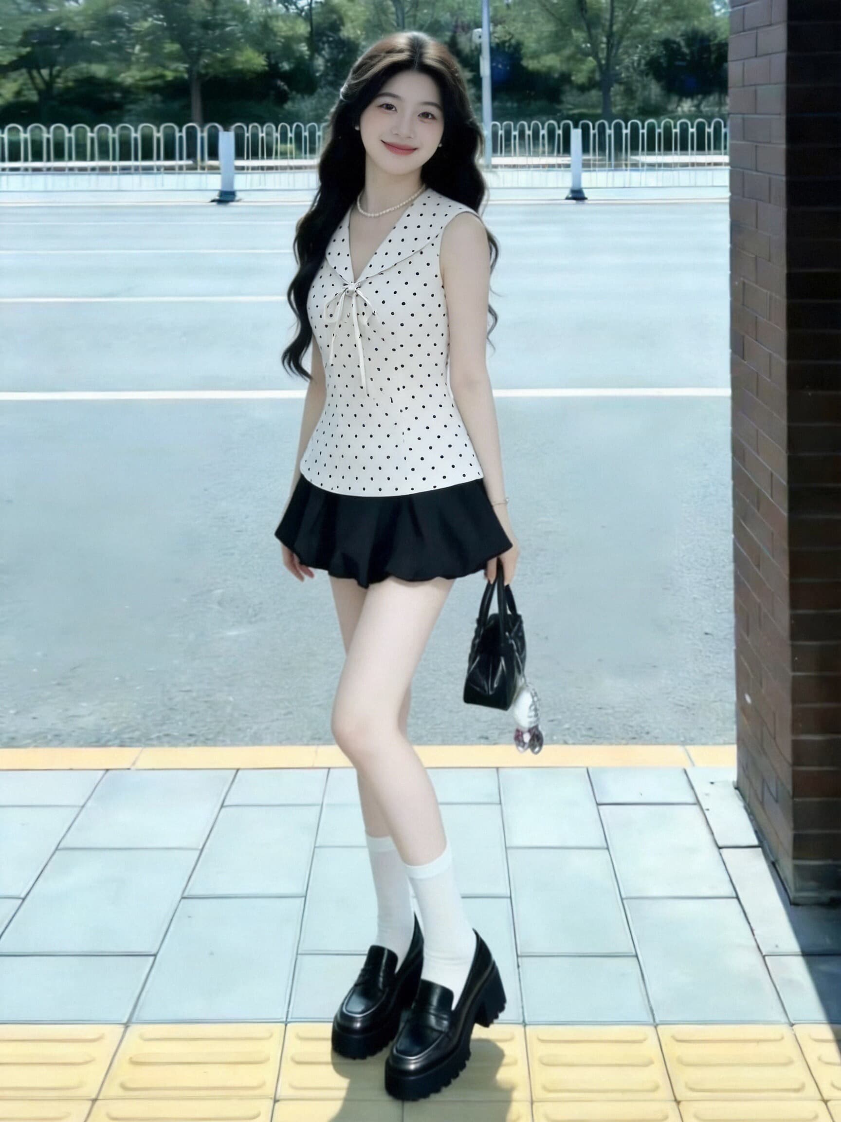 도트 무늬 해군 칼라 민소매 맨위 여성 상세 이미지 8