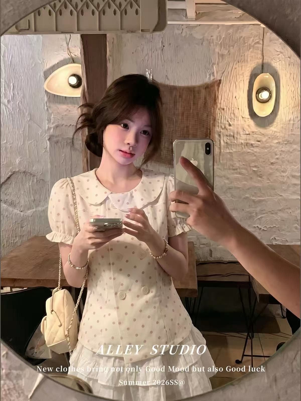 베이비 칼라 도트 무늬 셔츠 맨위 여성 상세 이미지 4