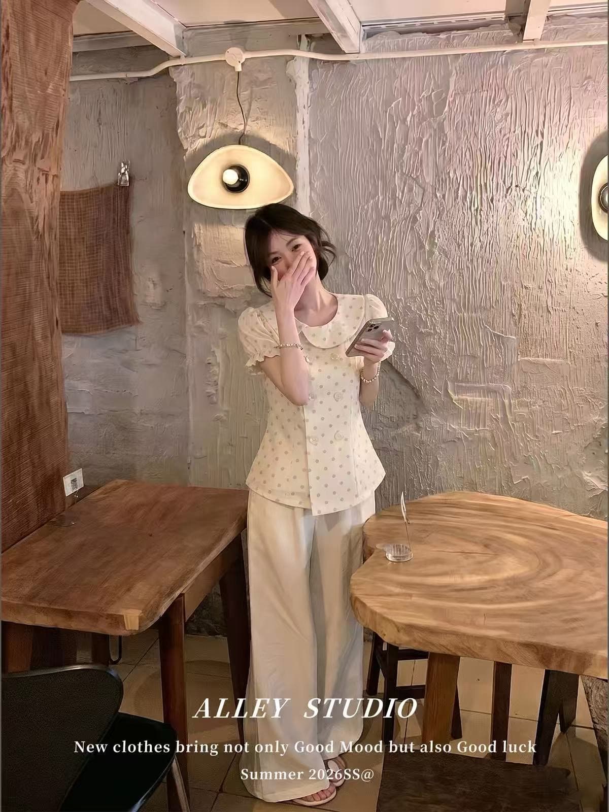 베이비 칼라 도트 무늬 셔츠 맨위 여성 상세 이미지 5