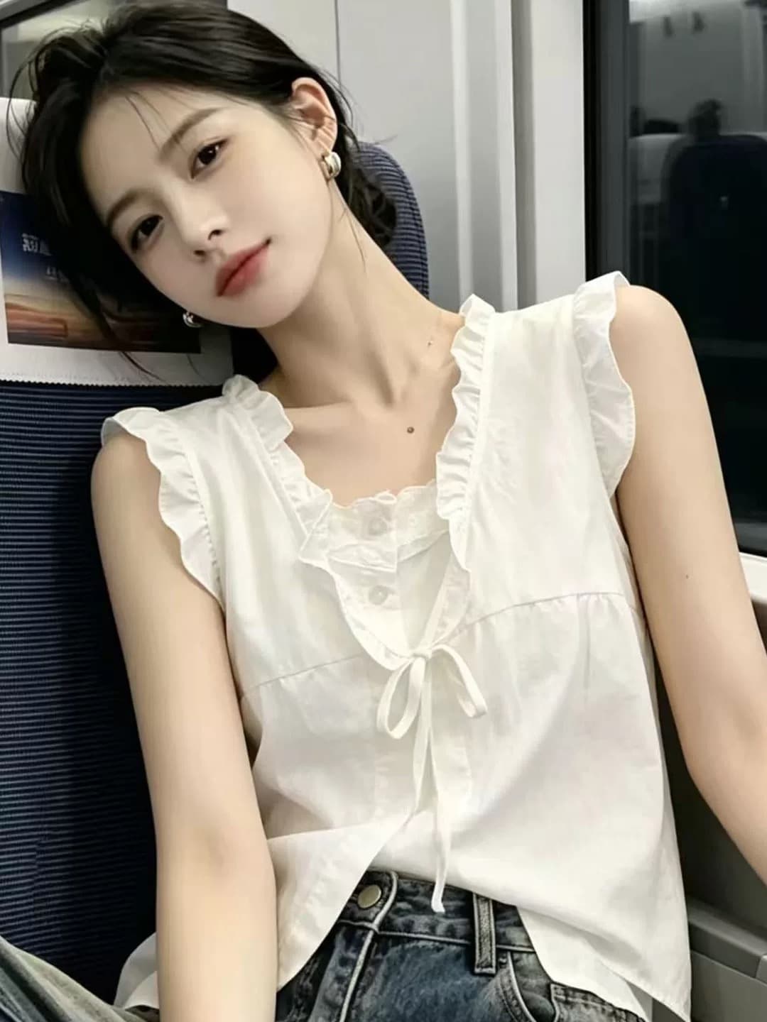 레이스 조각 페이크 레이어드 셔츠 맨위 여성 이미지 3