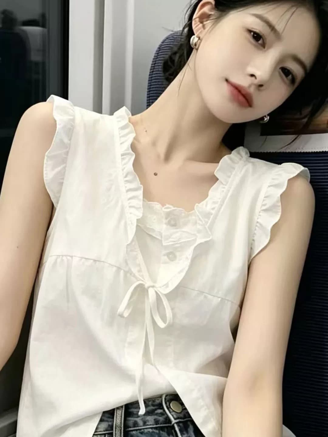 레이스 조각 페이크 레이어드 셔츠 맨위 여성 상세 이미지 2