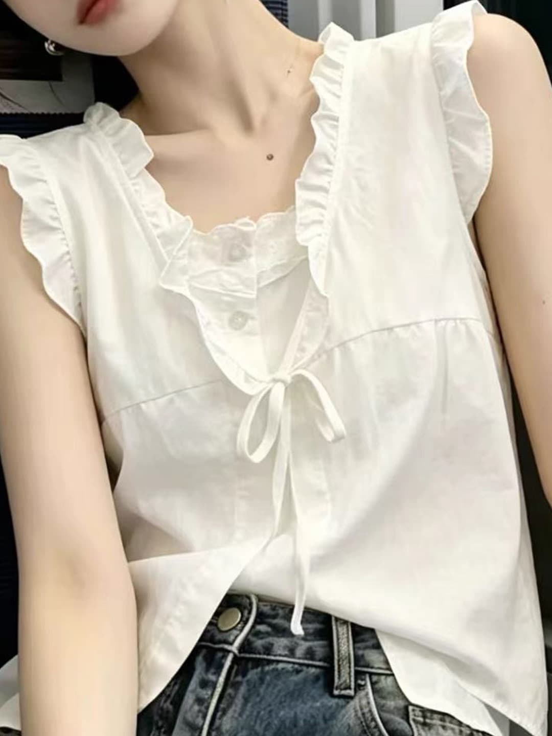 레이스 조각 페이크 레이어드 셔츠 맨위 여성 상세 이미지 8