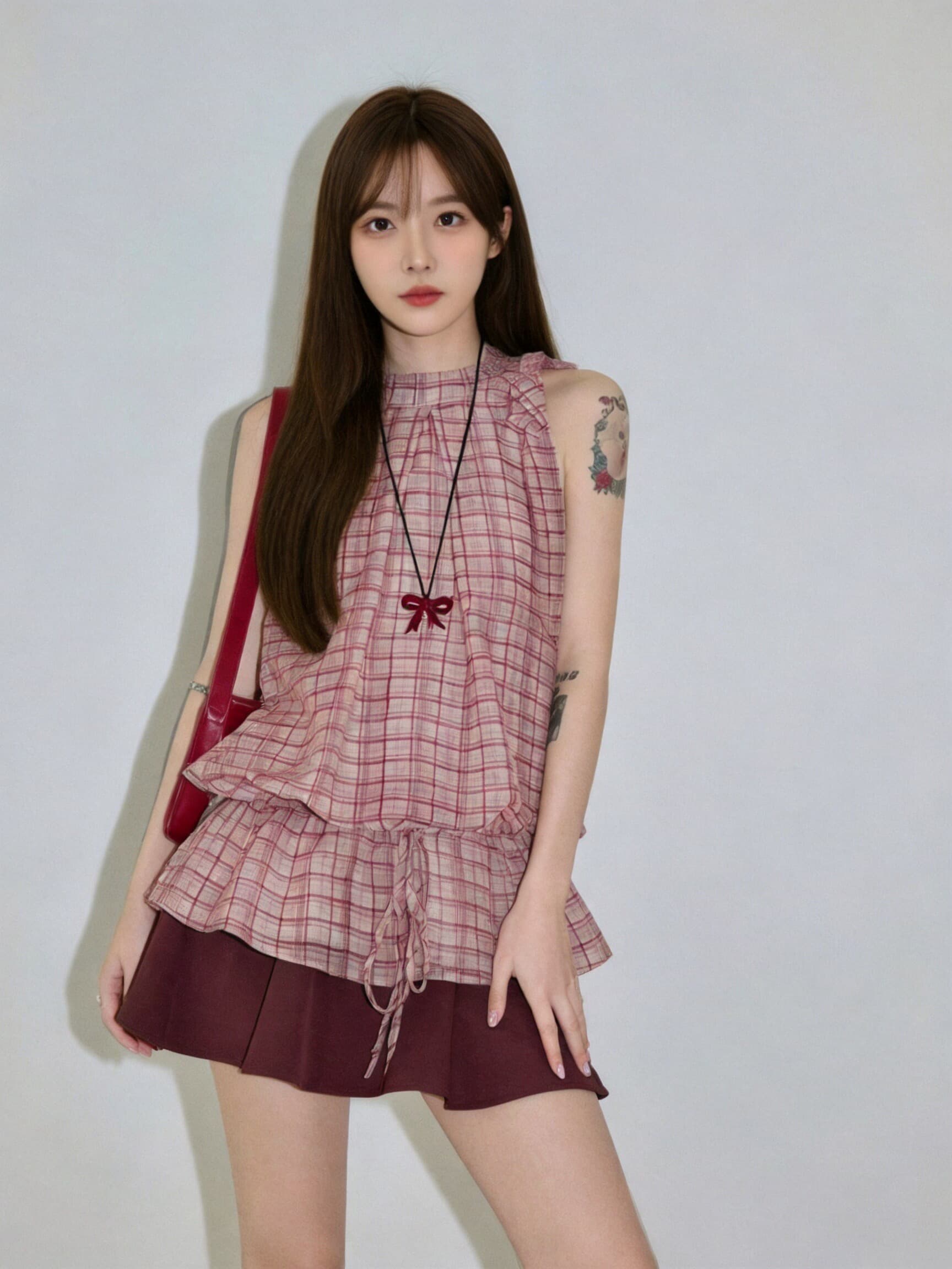 빨간색 체크무늬 행침 목 셔츠 맨위 여성 상세 이미지 2