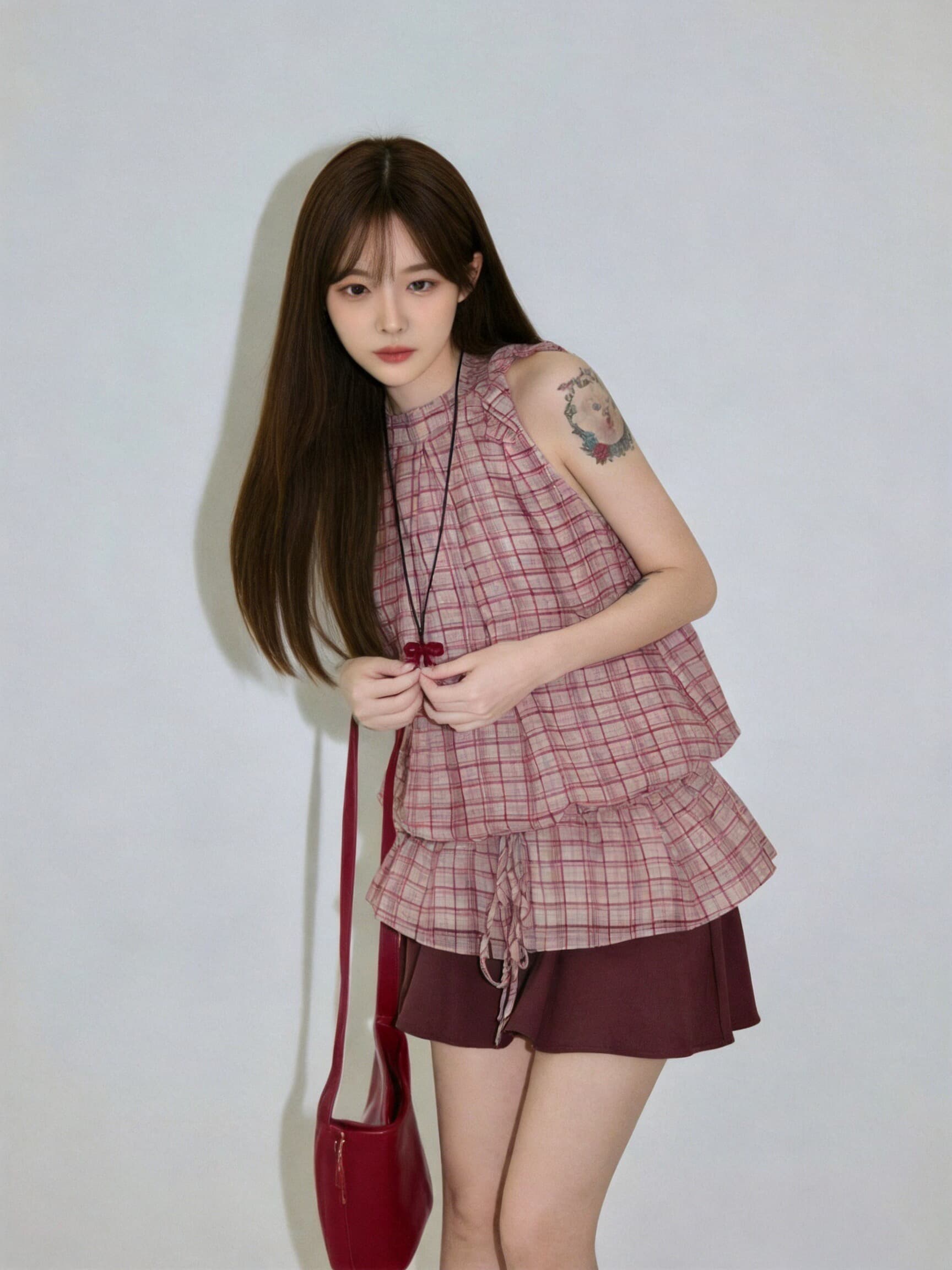 빨간색 체크무늬 행침 목 셔츠 맨위 여성 상세 이미지 3