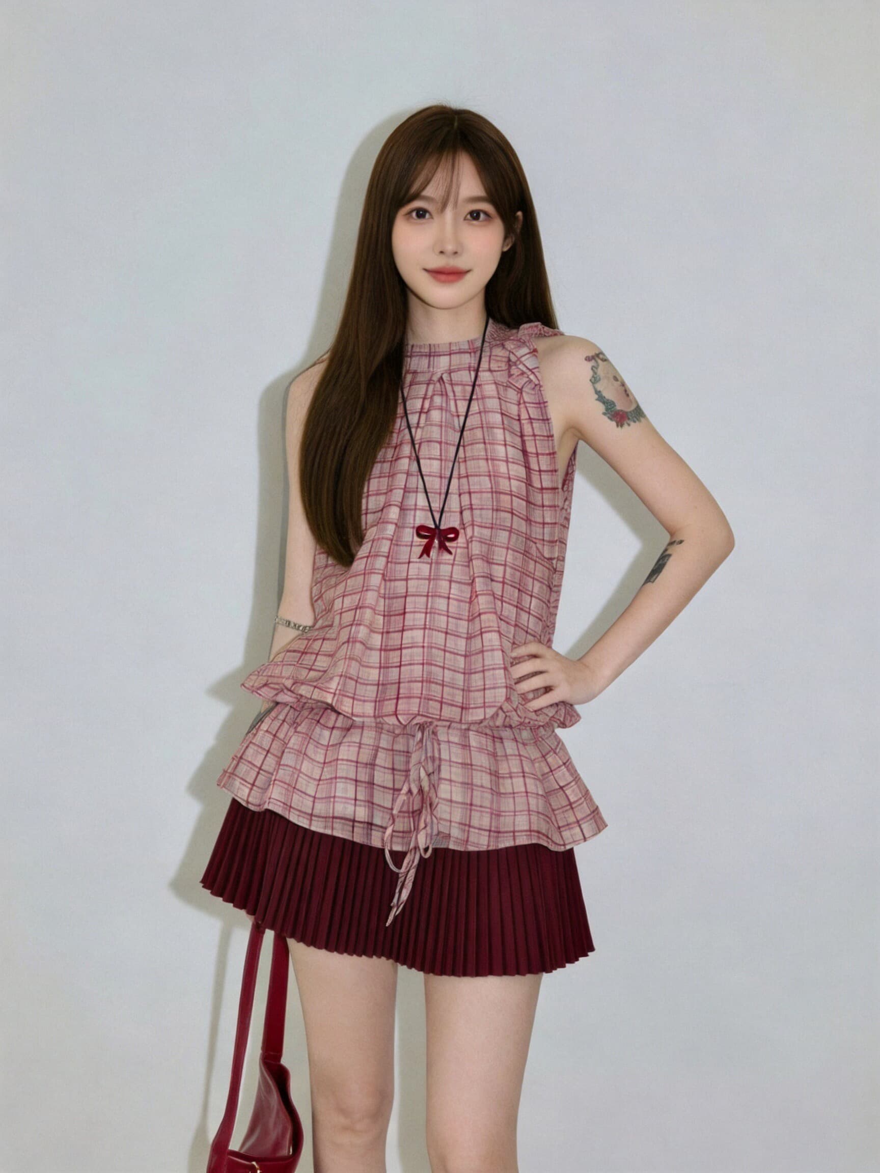 빨간색 체크무늬 행침 목 셔츠 맨위 여성 상세 이미지 6