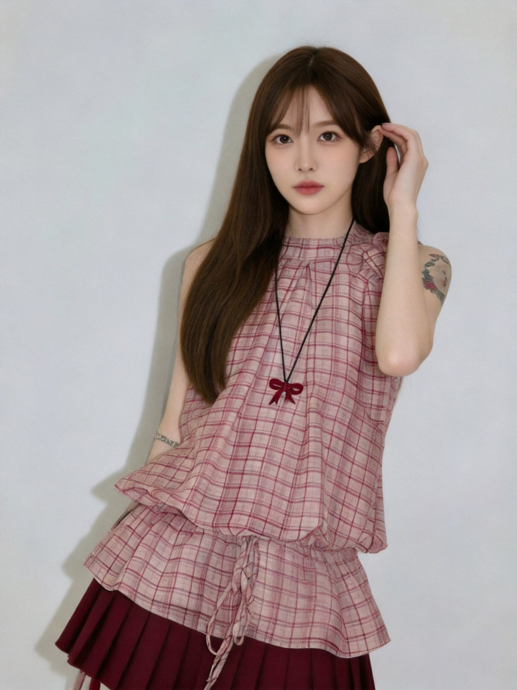 빨간색 체크무늬 행침 목 셔츠 맨위 여성 상세 이미지 8