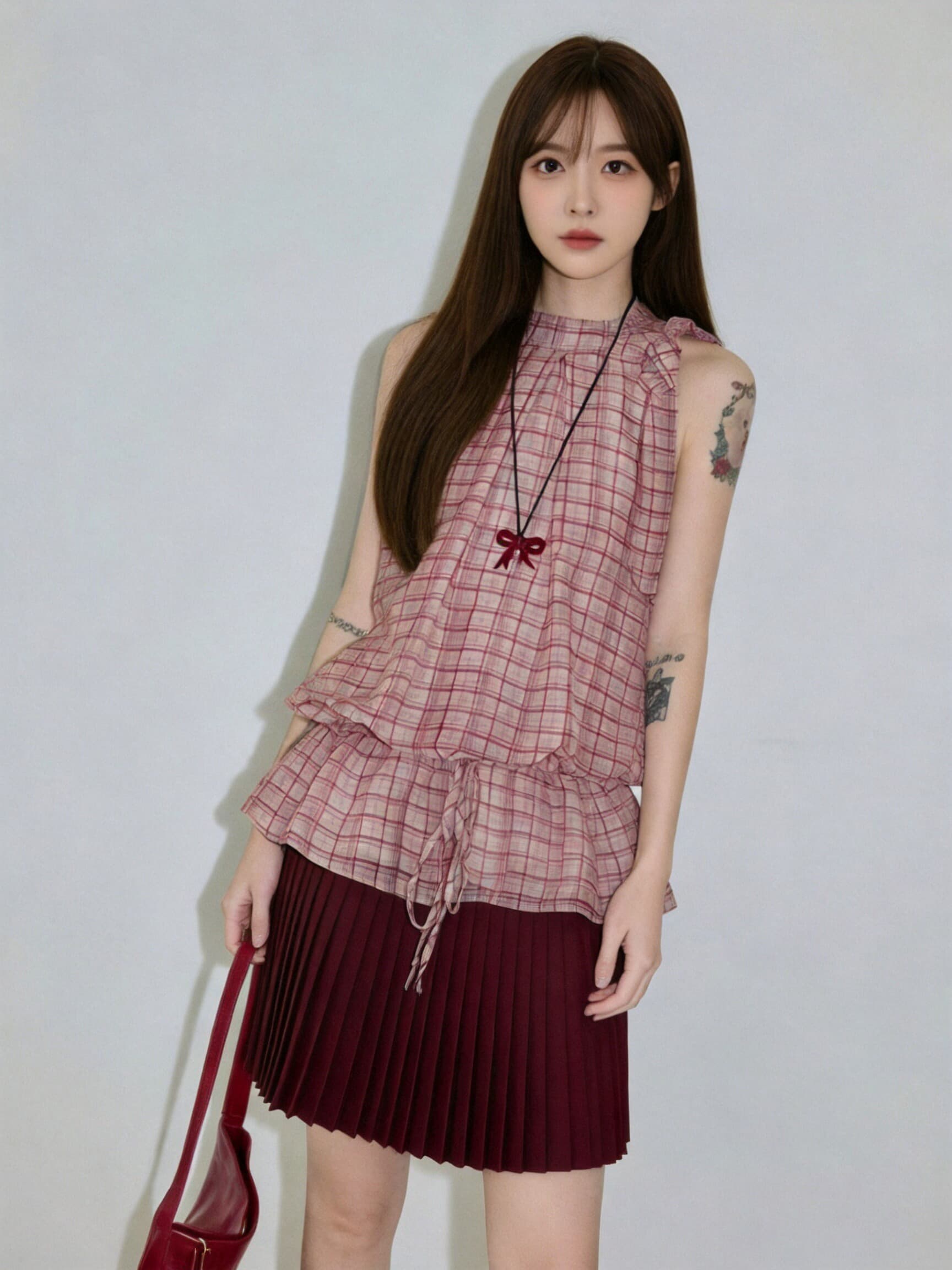 빨간색 체크무늬 행침 목 셔츠 맨위 여성 상세 이미지 9