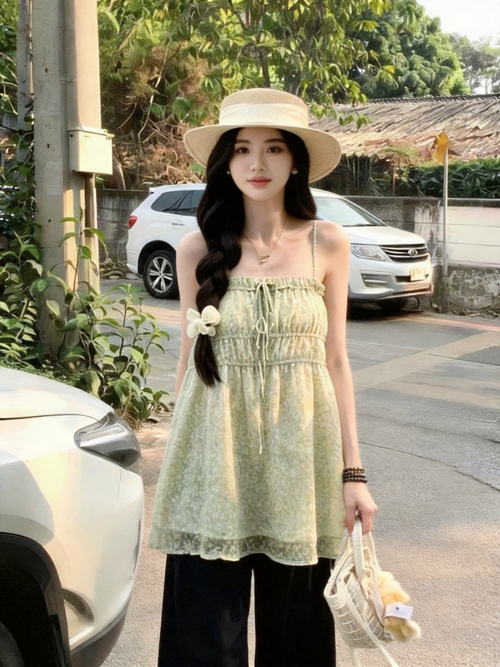 꽃무늬 슬립 프릴 민소매 맨위 여성 이미지 2