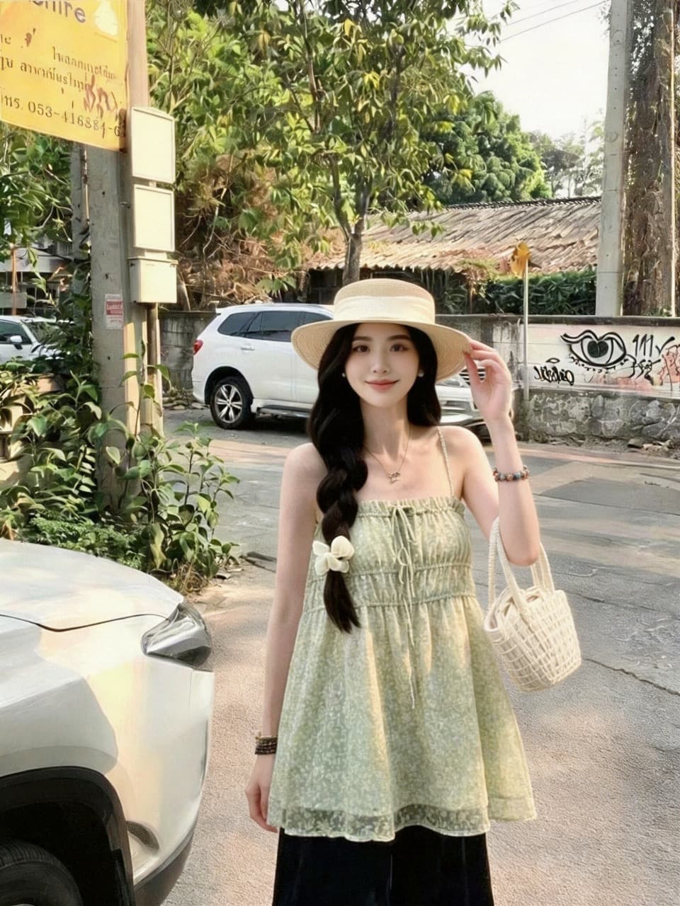 꽃무늬 슬립 프릴 민소매 맨위 여성 상세 이미지 3