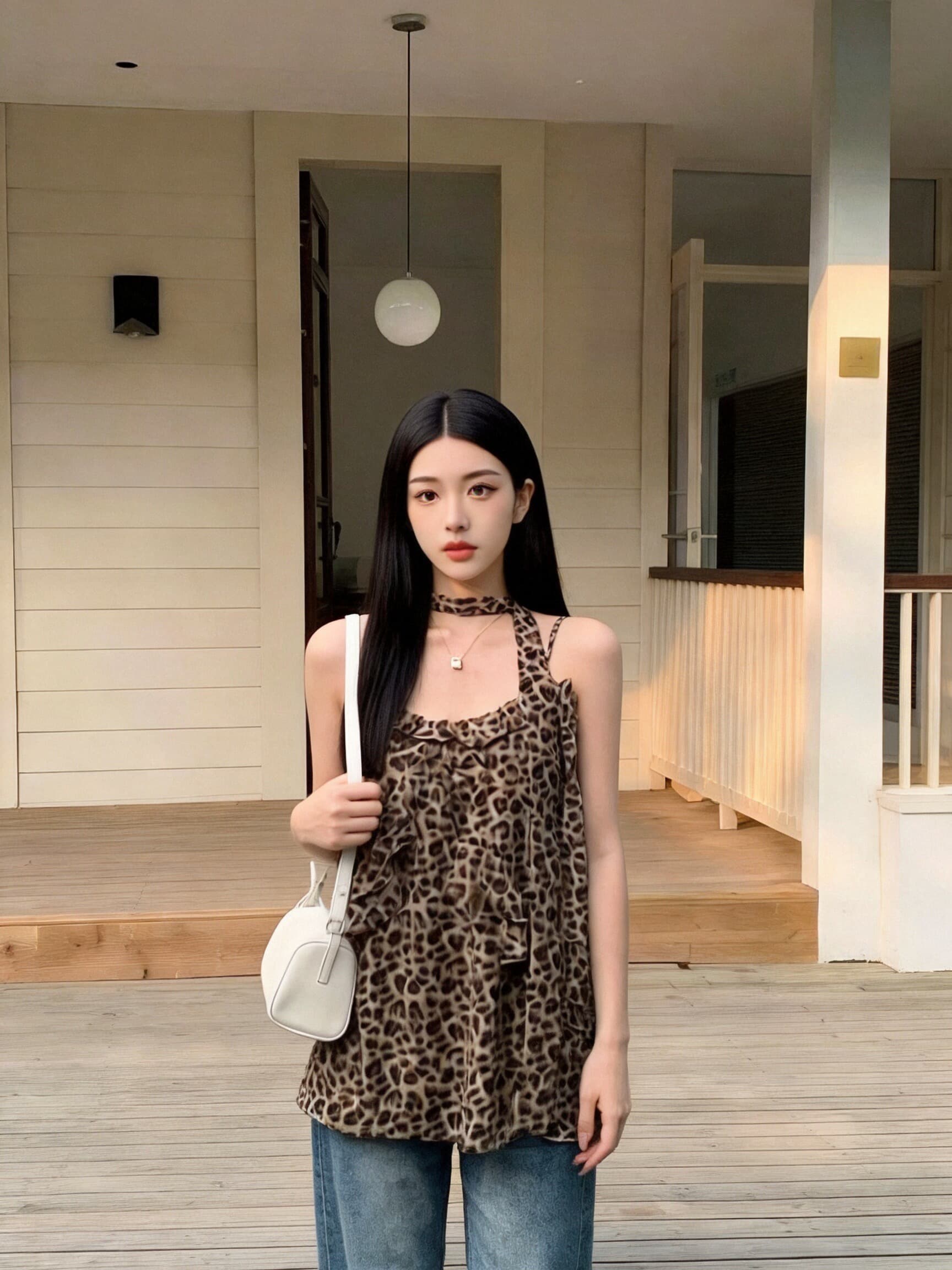 레오파드 무늬 프릴 슬립 맨위 여성 이미지 3