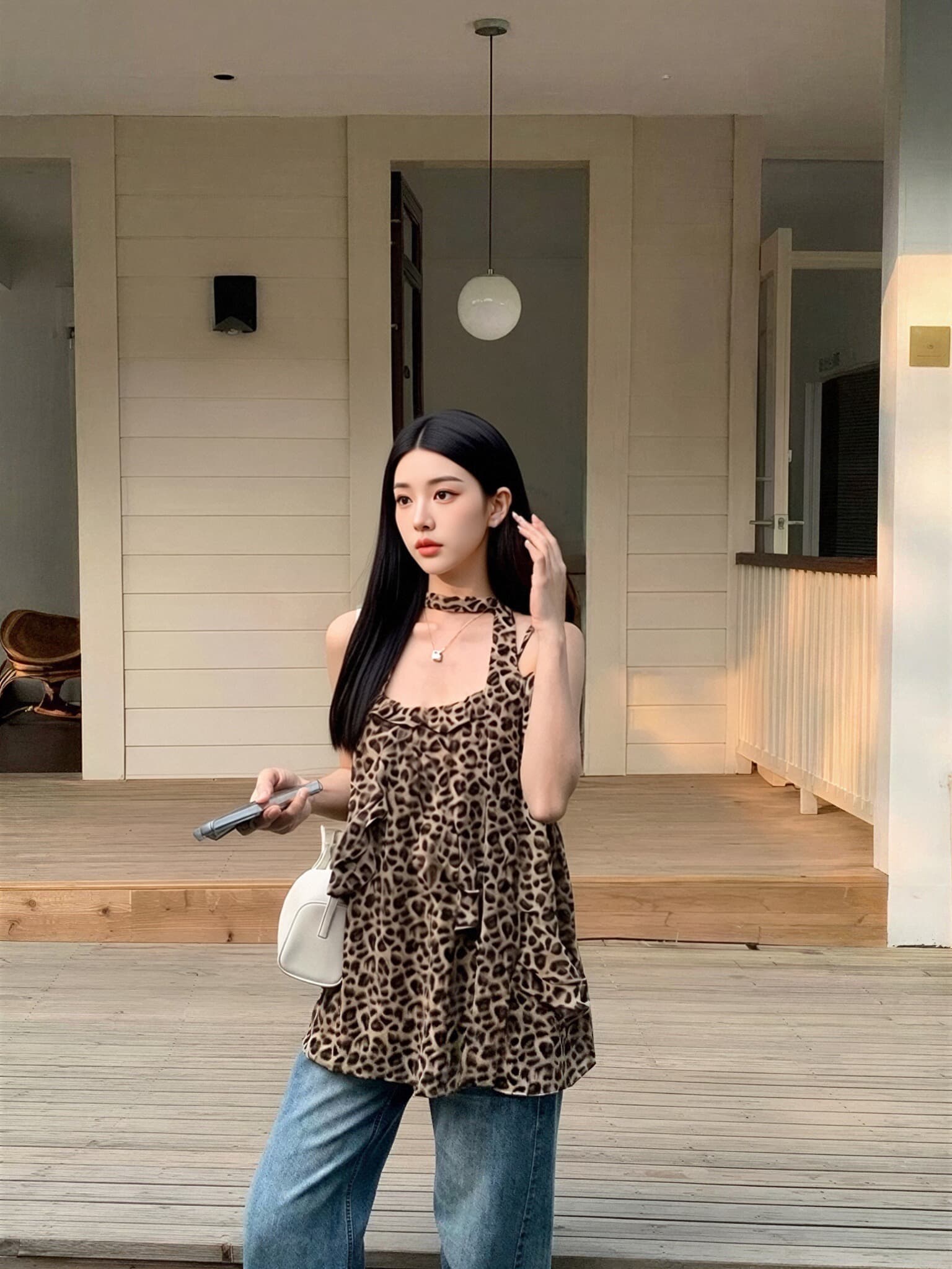 레오파드 무늬 프릴 슬립 맨위 여성 이미지 4