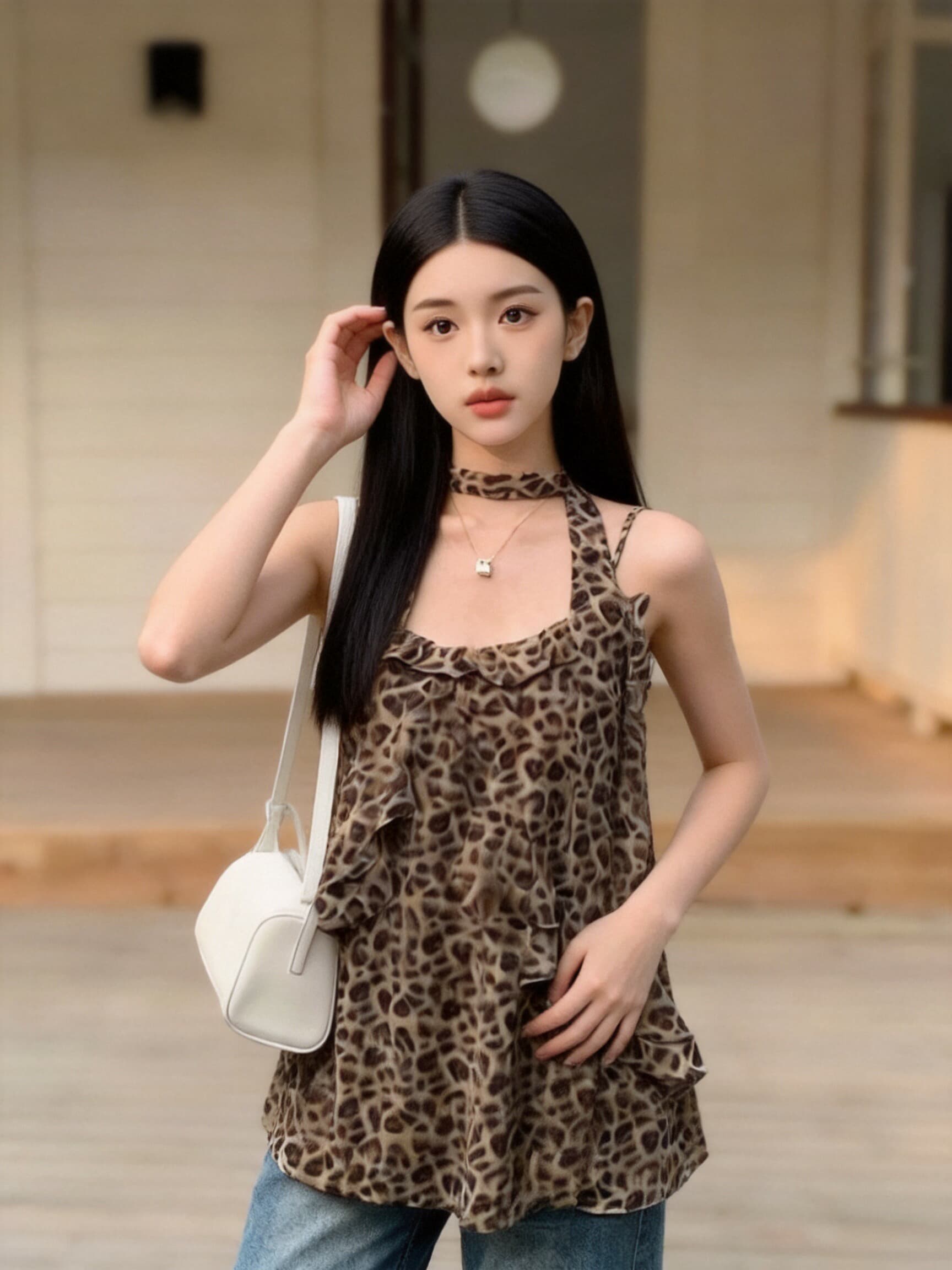레오파드 무늬 프릴 슬립 맨위 여성 이미지 2
