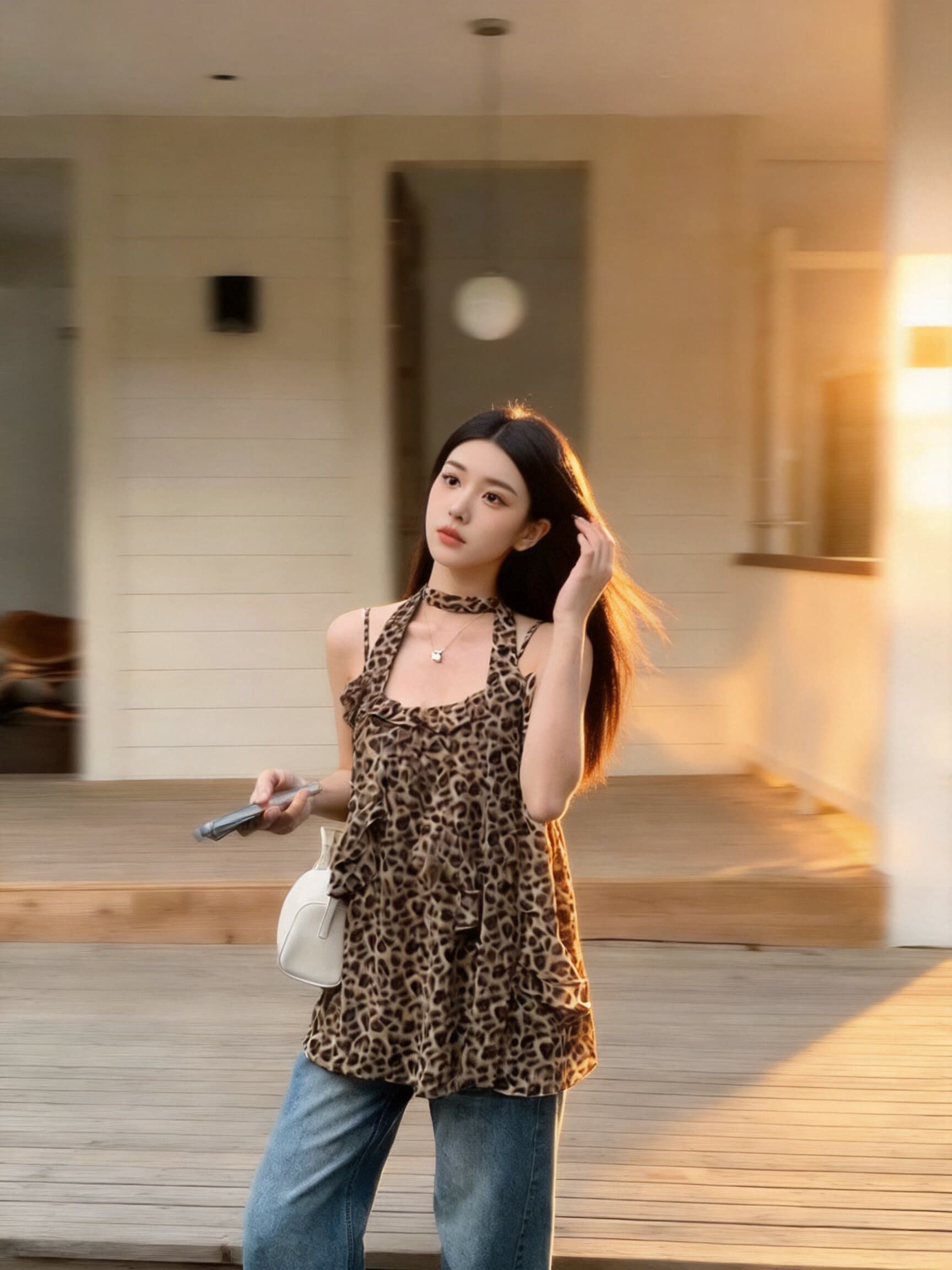 레오파드 무늬 프릴 슬립 맨위 여성 상세 이미지 4