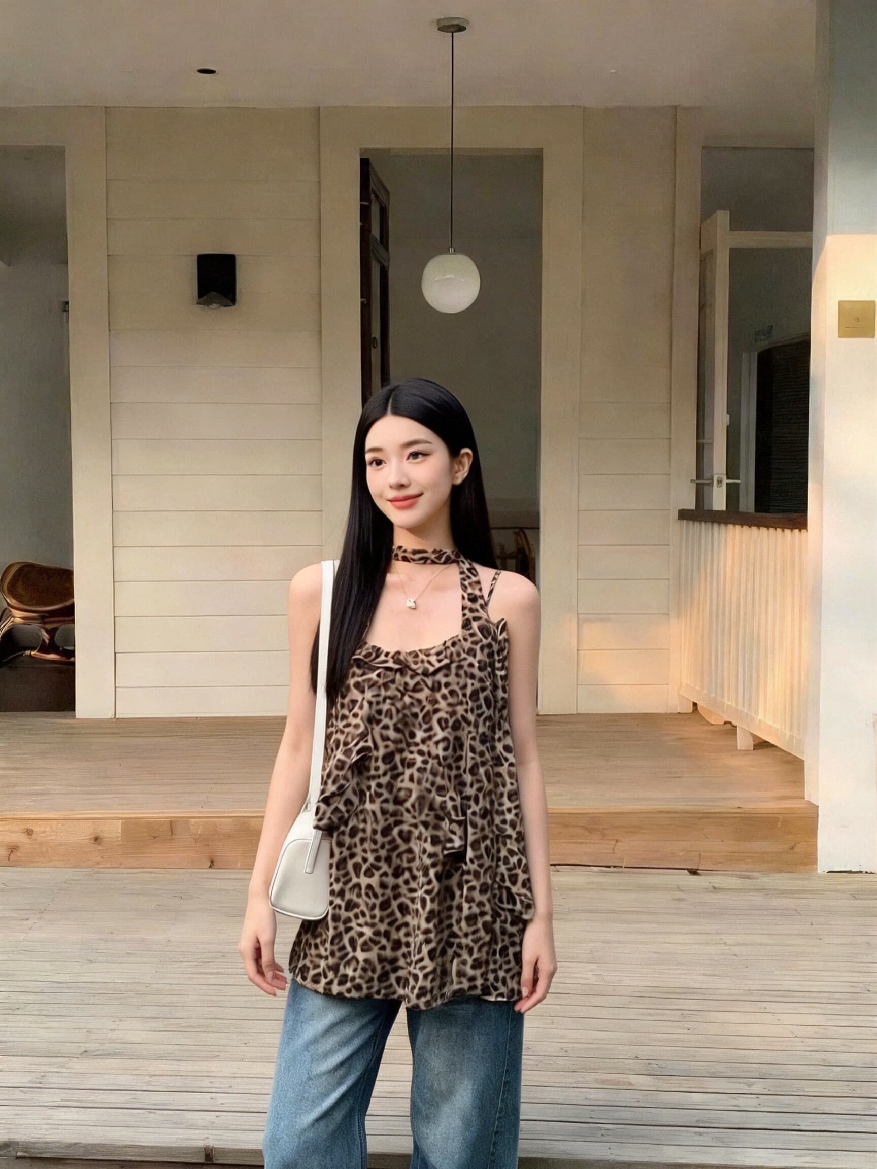 레오파드 무늬 프릴 슬립 맨위 여성 상세 이미지 7