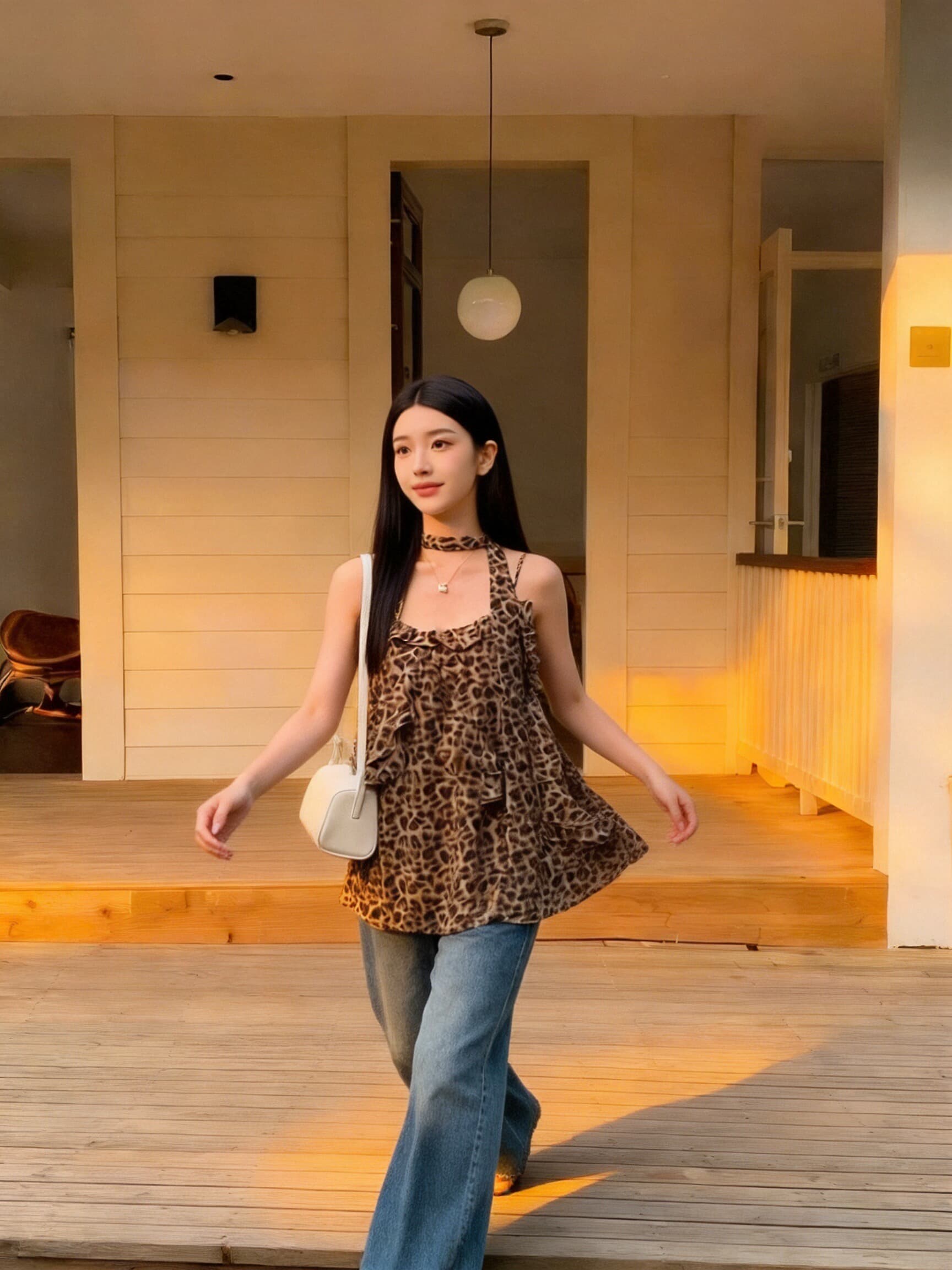레오파드 무늬 프릴 슬립 맨위 여성 상세 이미지 8