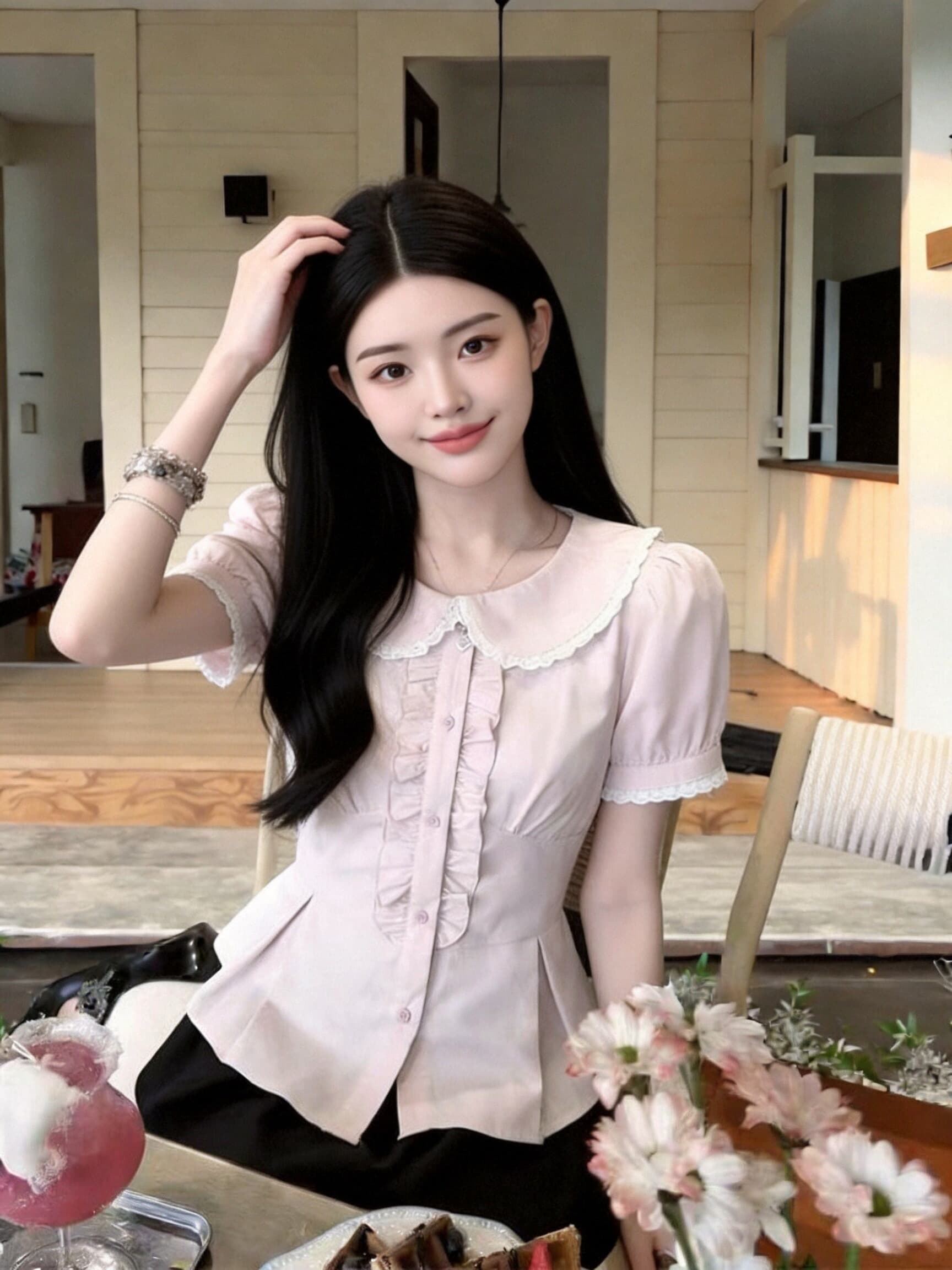 베이비 칼라 허리 수축 스트랩 셔츠 맨위 여성 이미지 3