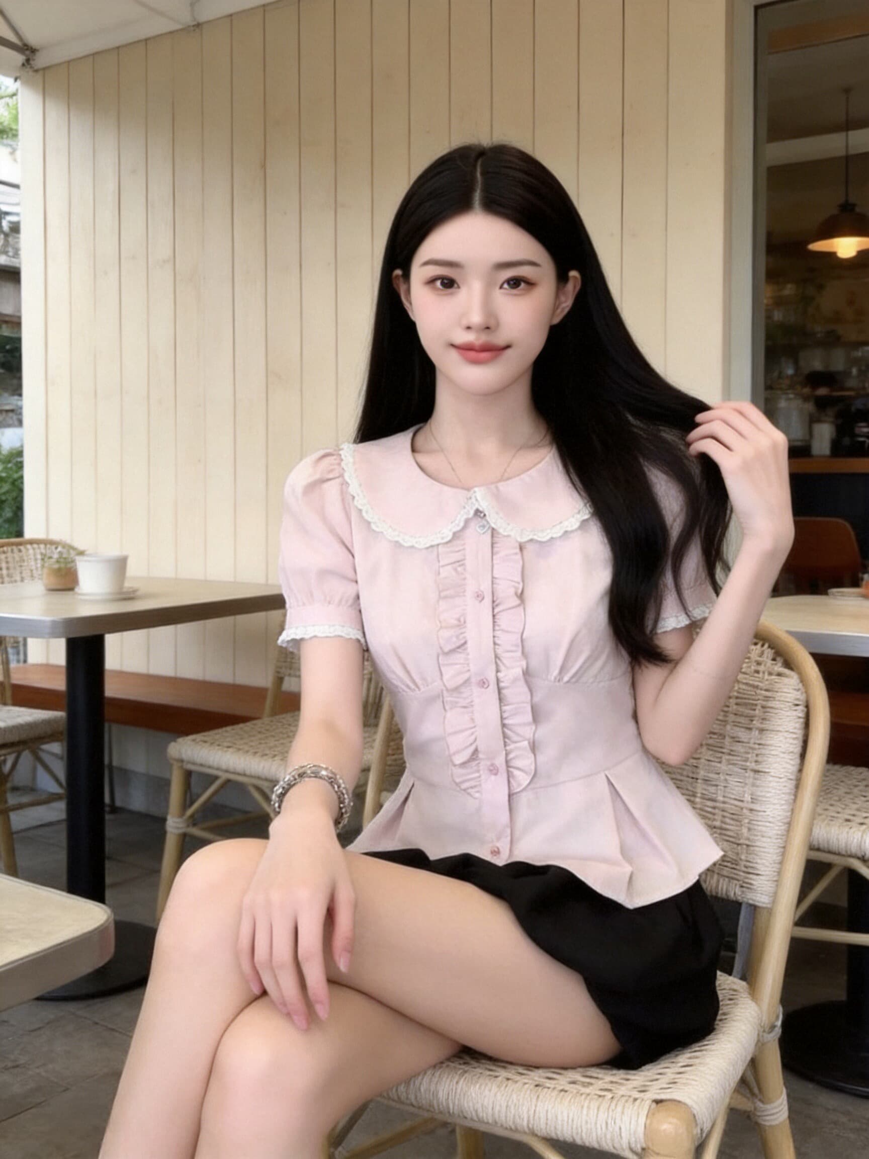 베이비 칼라 허리 수축 스트랩 셔츠 맨위 여성 이미지 5