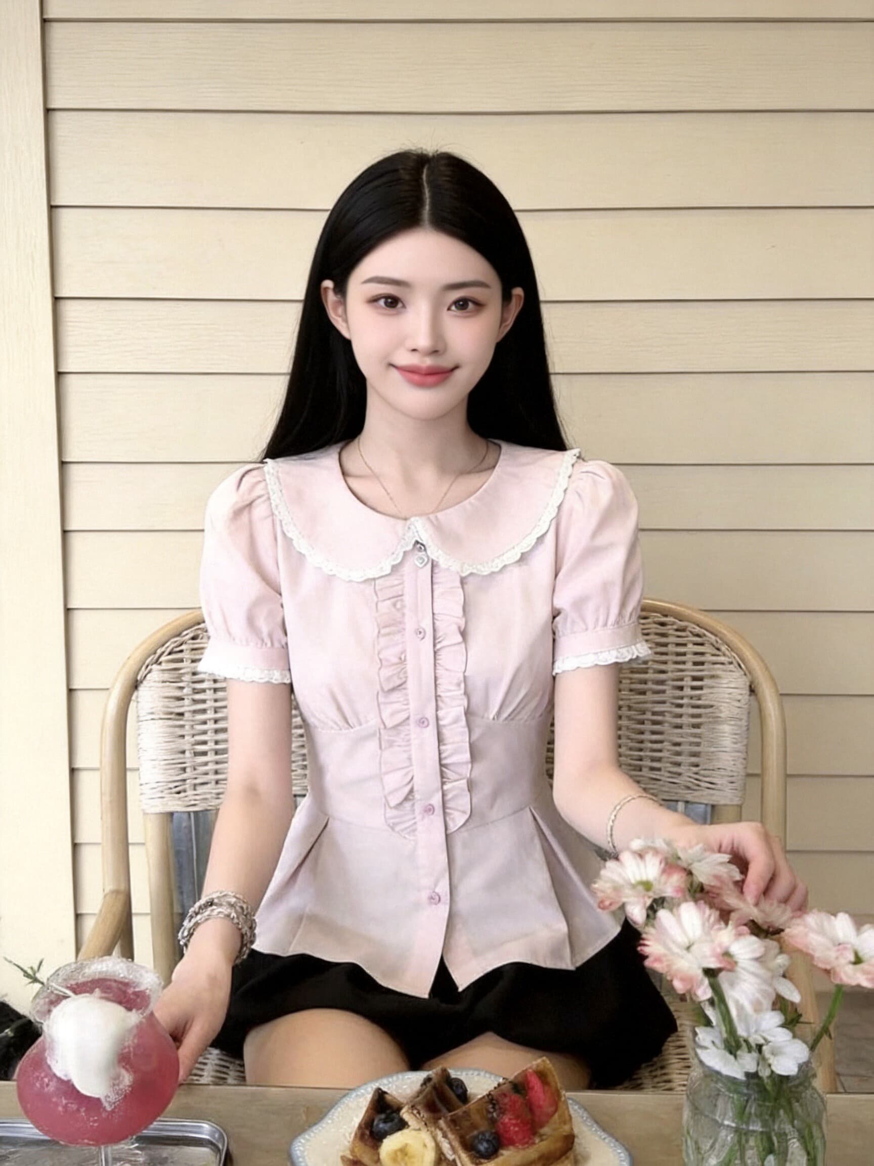 베이비 칼라 허리 수축 스트랩 셔츠 맨위 여성 상세 이미지 5
