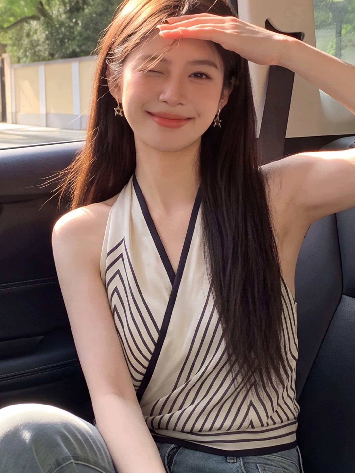 스트라이프 V넥 슬립 레이스업 행침 목 맨위 여성 상세 이미지 5