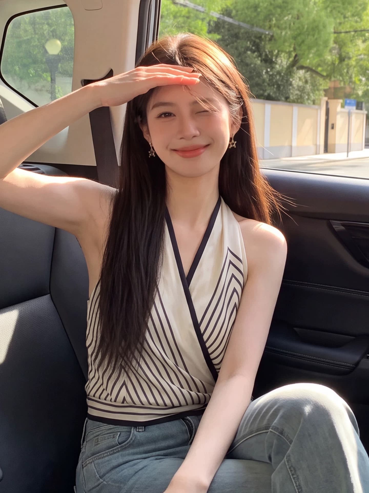 스트라이프 V넥 슬립 레이스업 행침 목 맨위 여성 상세 이미지 8