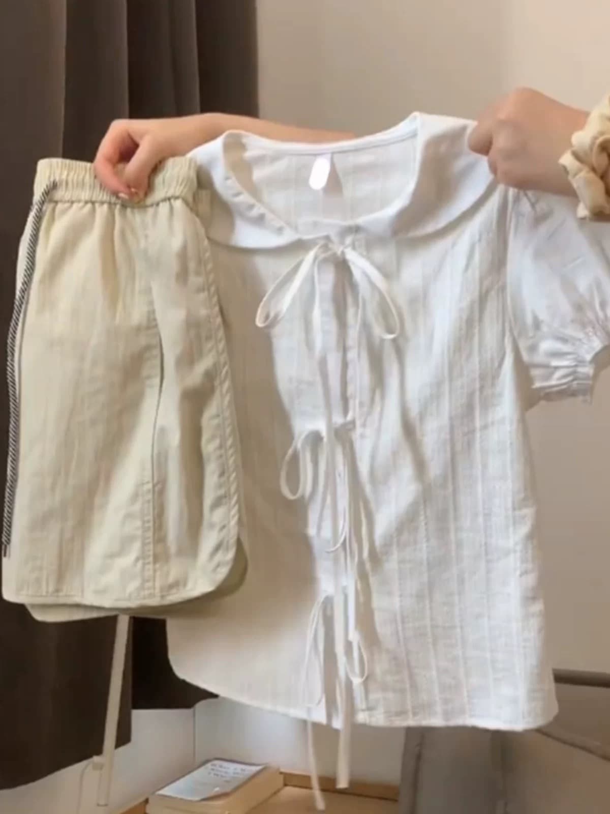 나비 넥타이 베이비 칼라 셔츠 맨위 여성 상세 이미지 2